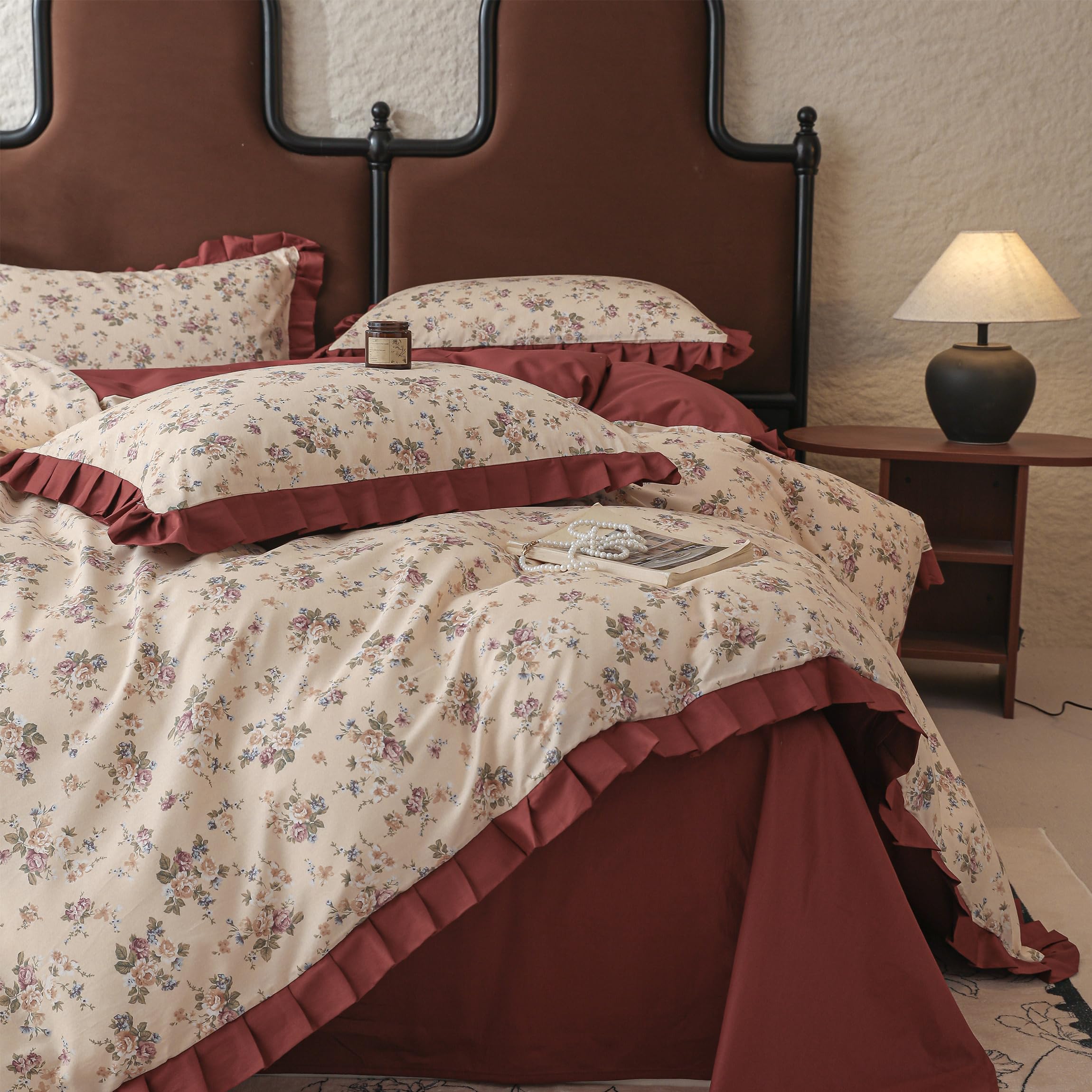 Elegant Blumen Bettwäsche 135x200 Baumwolle Bettbezug Blumenmuster Weinrot Rüschen Bettwäsche für Mädchen Damen Blumen Bettbezug mit Rüschen Deckenbezug mit 1 Kissenbezug 80x80