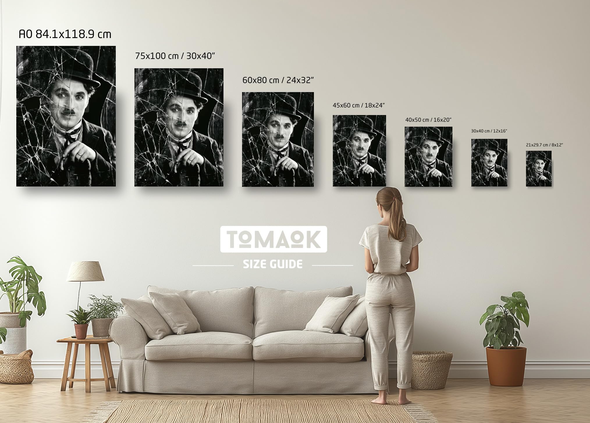 Tomaok® - Poster Stampa poster d'arte (Cornice non fornita) Charlie Chaplin iconico in bianco e nero con frammenti di vetro rotto, Ritratto cinema muto drammatico