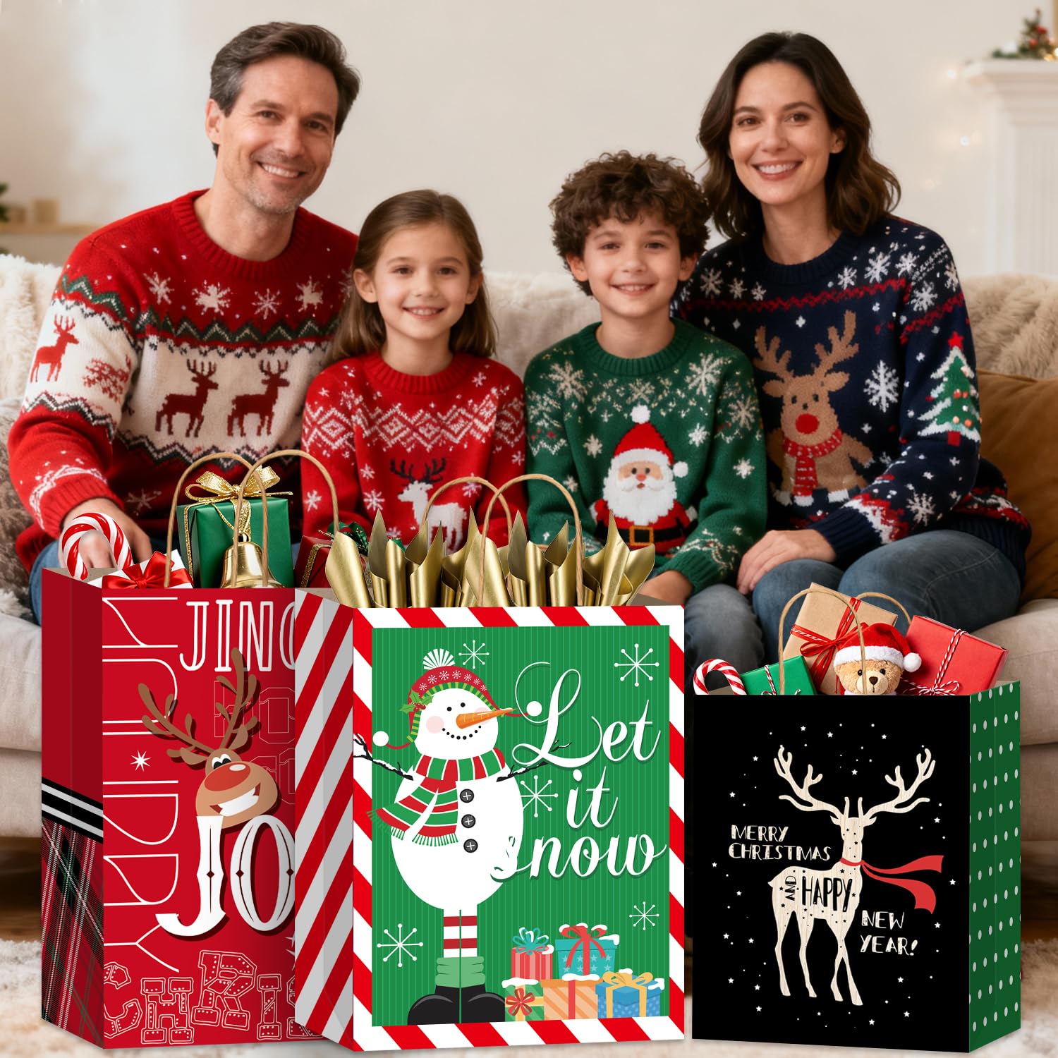 Nimbbex Confezione da 24 sacchetti di carta kraft per regali di Natale, con manici, dimensioni assortite, per feste di Natale, confezioni regalo di Natale (8 Jumbo, 8 grandi, 8 medi)