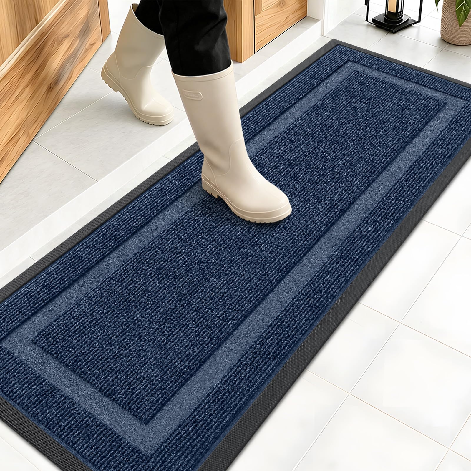 OLANLY Front Door Mat Outside 47x17, All-Season Heavy-Duty Rubber Doormat | Blue, Absorbent, Stain and Fade Resistant, Waterproof Non-Slip Backing, Low-Profile Indoor Outdoor Floor Mat for Entryway
