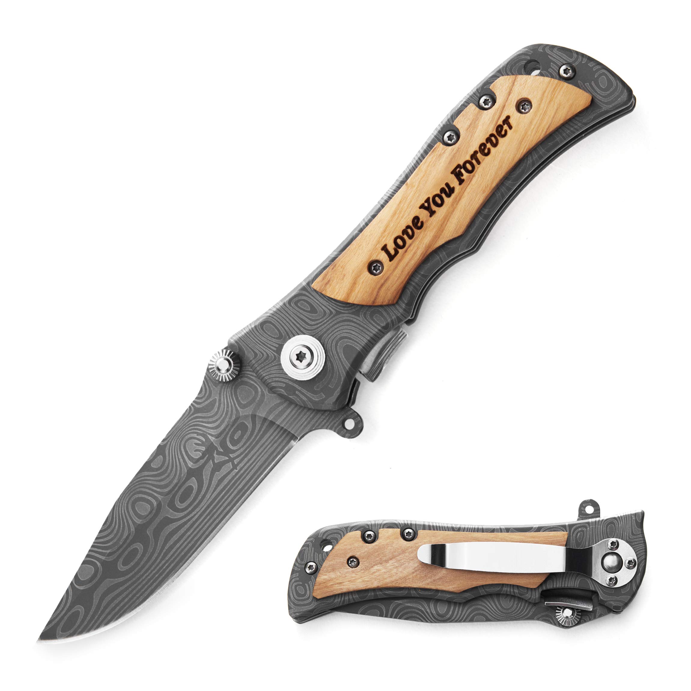 Personalized Engraved Folding Knife for Boyfriend Husband from Wife Girlfriend - Men Camping Hunting Knives with Pocket Clip - for Valentines Anniversary Birthday Christmas