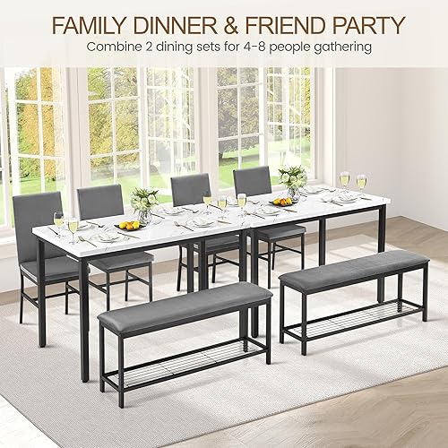 Miniatura 8 de Juego de mesa de comedor para 4, juego de mesa de cocina de mármol sintético de 47.2 pulgadas con sillas y banco tapizados de terciopelo, juego de