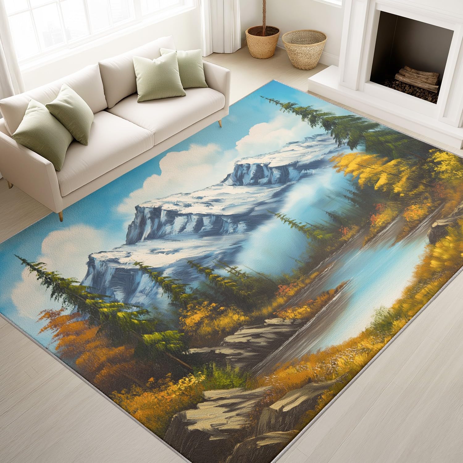 Tapis d'intérieur moderne 160x230 cm avec forêt et montagne enneigée bleue
