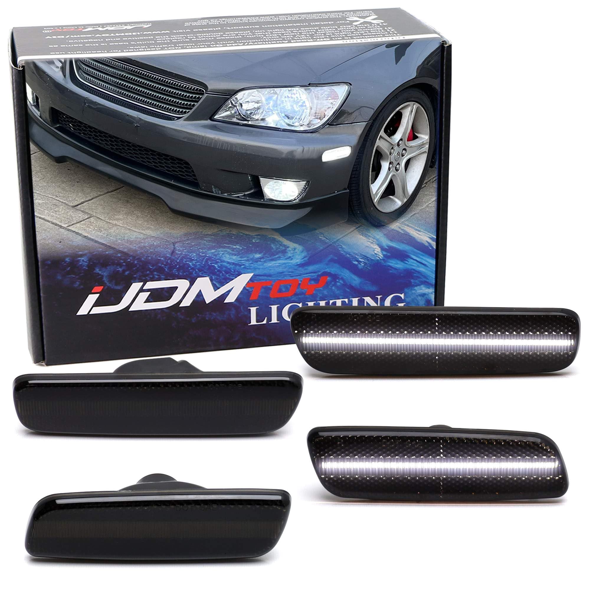 iJDMTOY 4pc Set Black-Out Smoked Lens All White Full LED Strip Front/Rear Side Marker Light Kit Compatible with 2001-2005 Lexus IS300 (Altezza XE10)