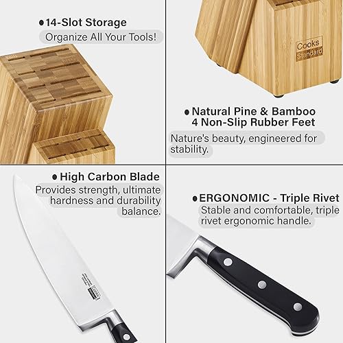 Vista 3 de Cooks Standard Juego de cuchillos de cocina con bloque de 12 piezas, hoja alemana de alto carbono de forja de acero inoxidable con bloque