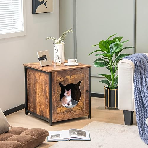 Miniatura 2 de PETSITE Caja de arena, gabinete de baño para gatos con marco de metal, mesa auxiliar cerrada para gatos, mesita de noche, caja de arena oculta,