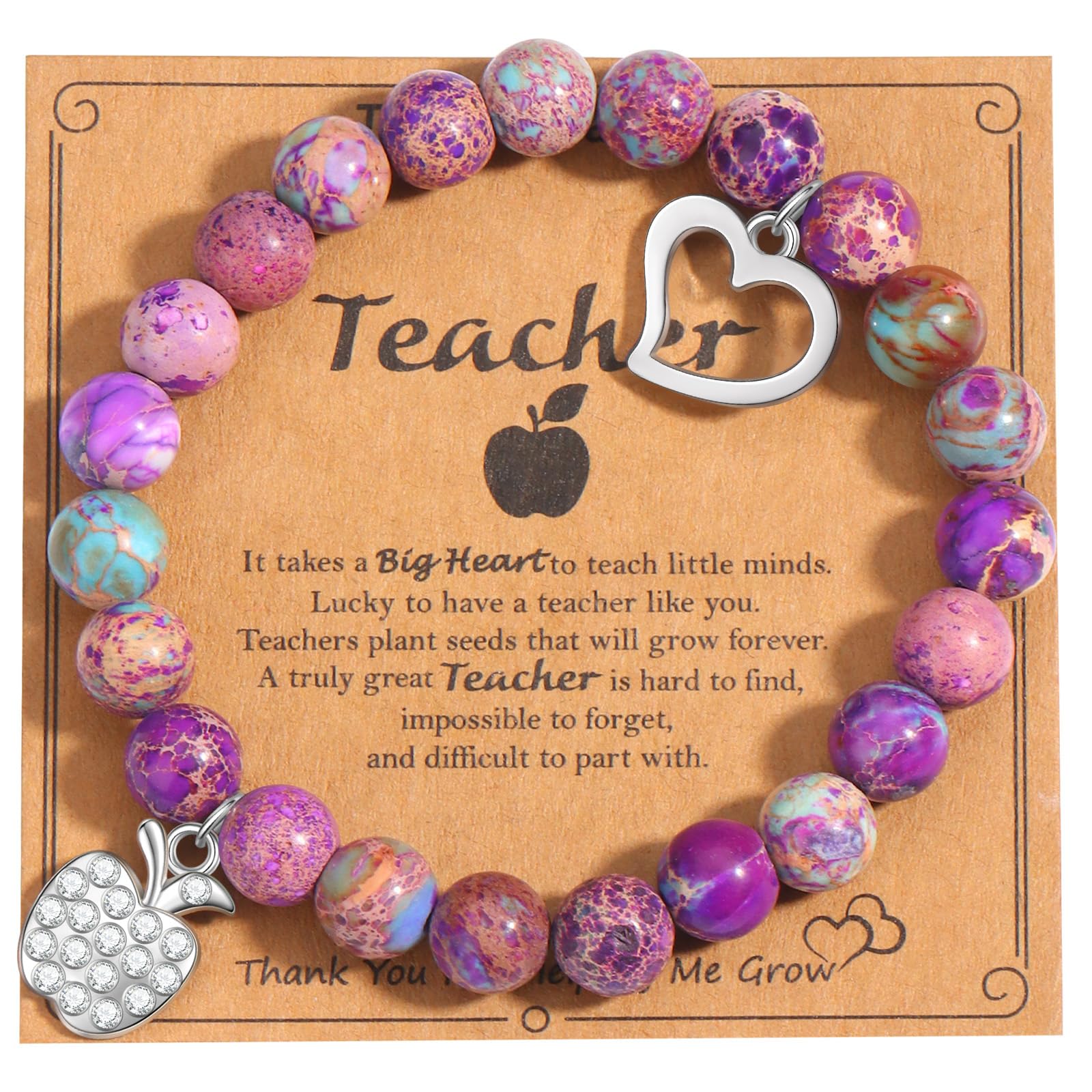 CASDAN Teacher Appreciation Bracelets for Women Personalized Natural Stone Apple Bracelet Stretch Bracele With Gift Message Card