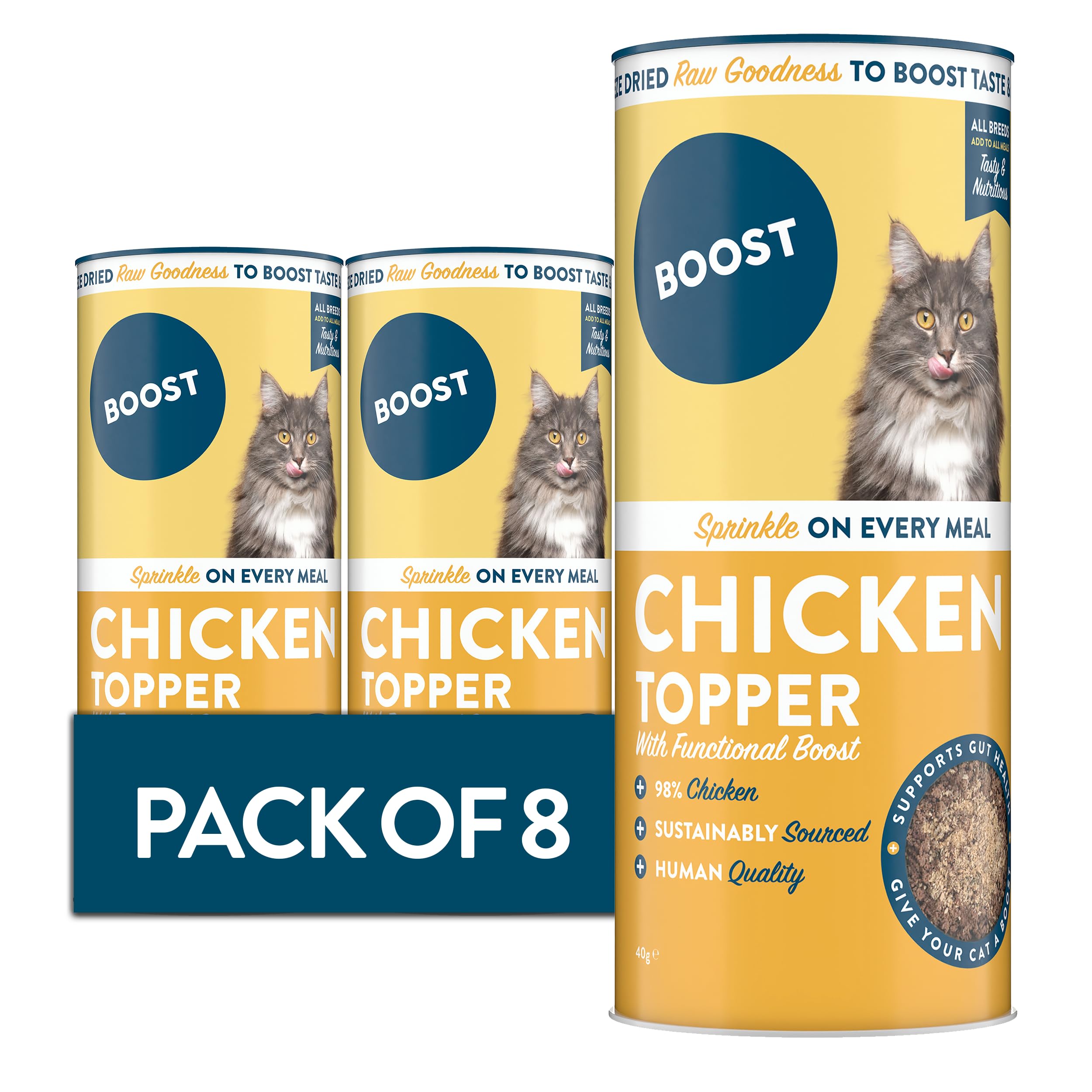 BOOST Pet Chicken Meal Topper for Cat Food - Freeze-Dried Grain-Free Meat Sprinkles Meal Add On for Cats, Flavour Enhancer, Made with Real Chicken, High in Fibre and Protein, Inartificial - 8 x 40g