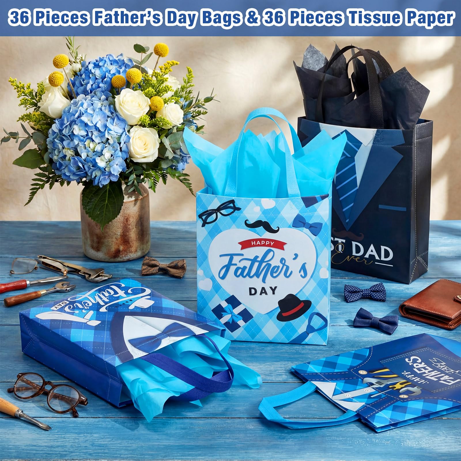 Capoda 36 sacchetti regalo per la festa del papà con carta velina – Bulk 30 x 25 x 8 cm sacchetti riutilizzabili in tessuto non tessuto con manico per festa del papà bomboniere confezioni regalo