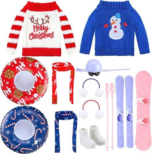 Hungdao Juego de 9 accesorios de muñeca de elfo de Navidad, incluye orejeras, bufanda suave, suéter acogedor, tubo de nieve, accesorio de ropa de