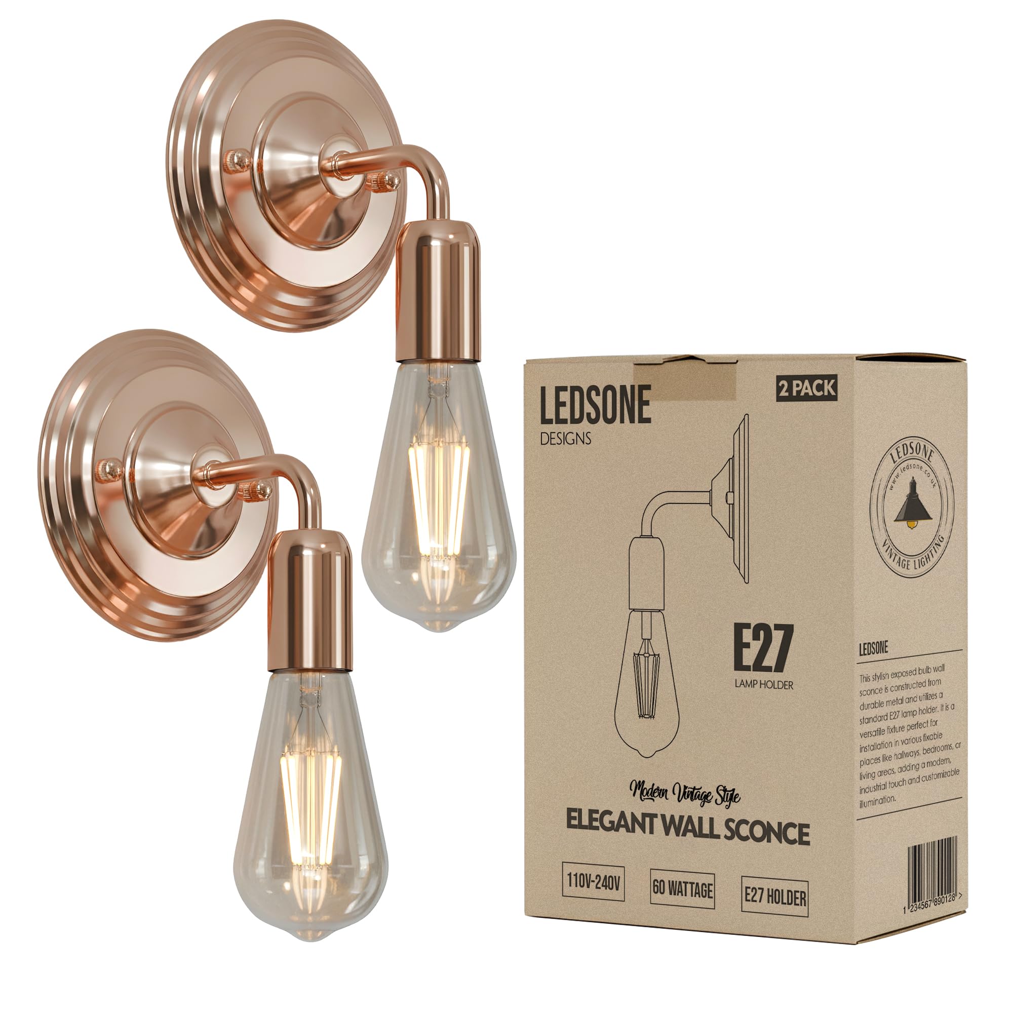 LEDSone 2 Pack Wall Lights Indoor Rose Gold Metal E27 Modern Wall Sconce Lighting Easy to Install Industrial Lamp for Living Room, Bedroom, Kitchen, Hall, Bar, Restaurants, Coffee Shop