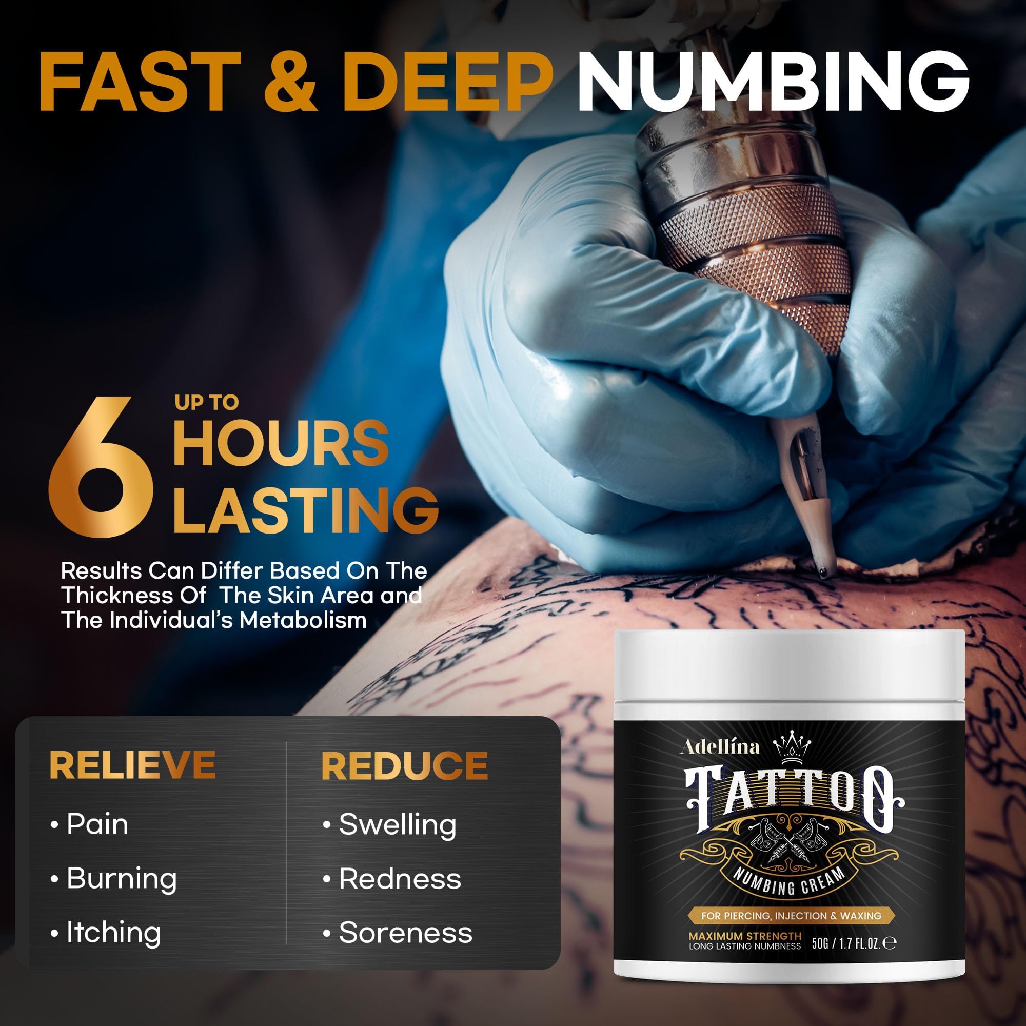Adellina Tattoo Numbing Cream for Tattoos, Maximum Strength Numbing Cream for Men and Women, 50g/1.7oz — view 3