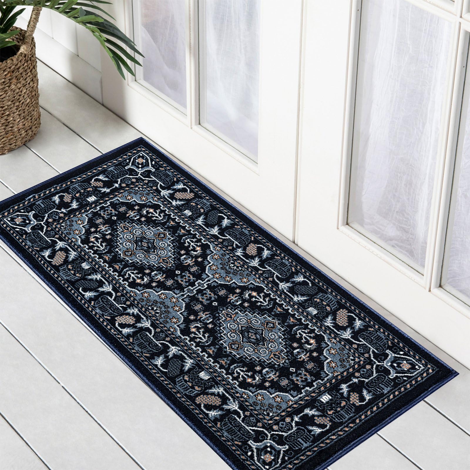 renoazul® Door Matts Indoor With Medium Pile, Oriental Rug - Zinat 60 x 110 cm Navy - Washable Rug For Kitchen, Bedside Rugs, Hallway And Welcome Mat — image 1