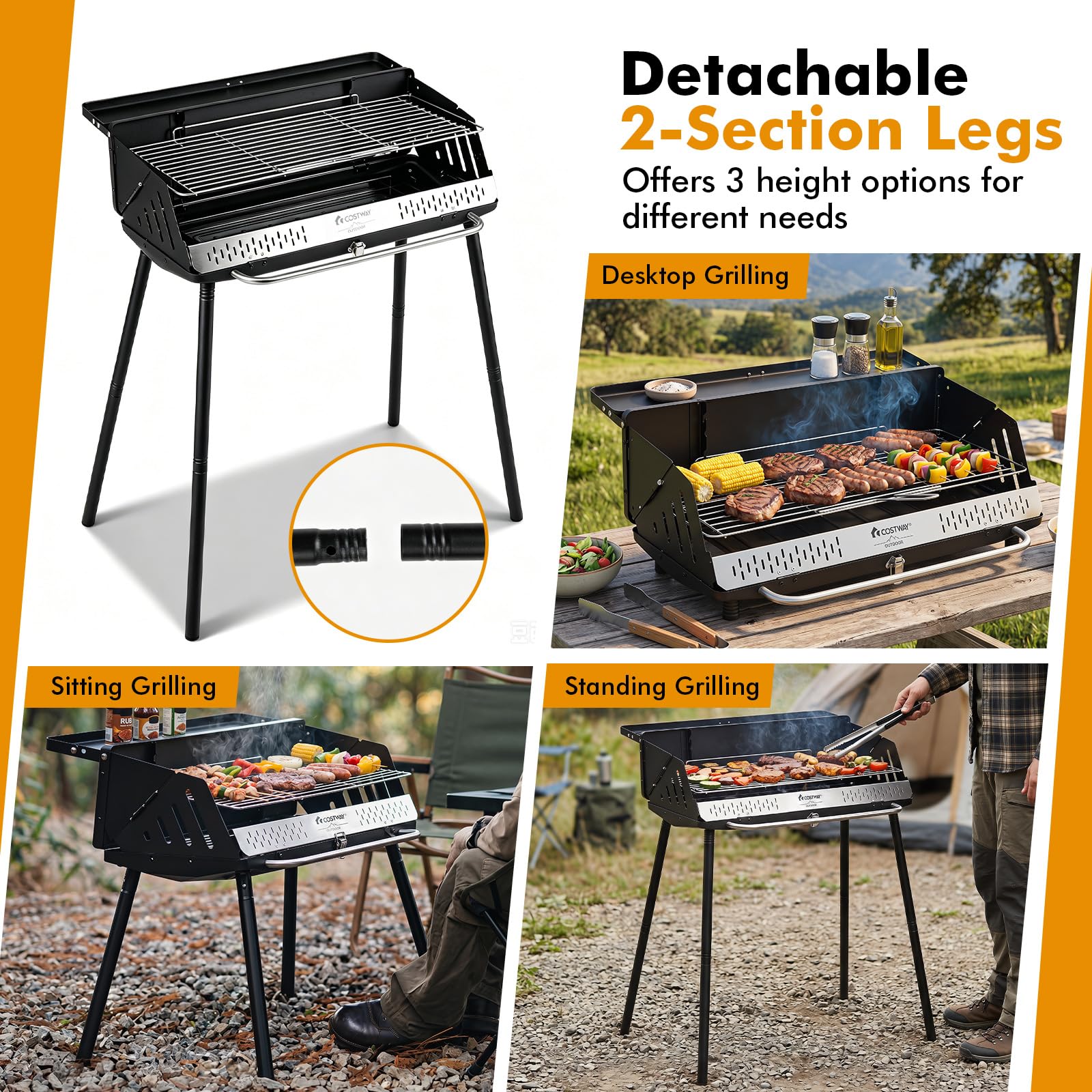 COSTWAY Barbecue Carbonella, Barbecue Pieghevole con Griglia Regolabile in Altezza, Paravento Laterali, Gambe Smontabili, Pinza per Carbone e Borsa Portatile per Campeggio e Picnic