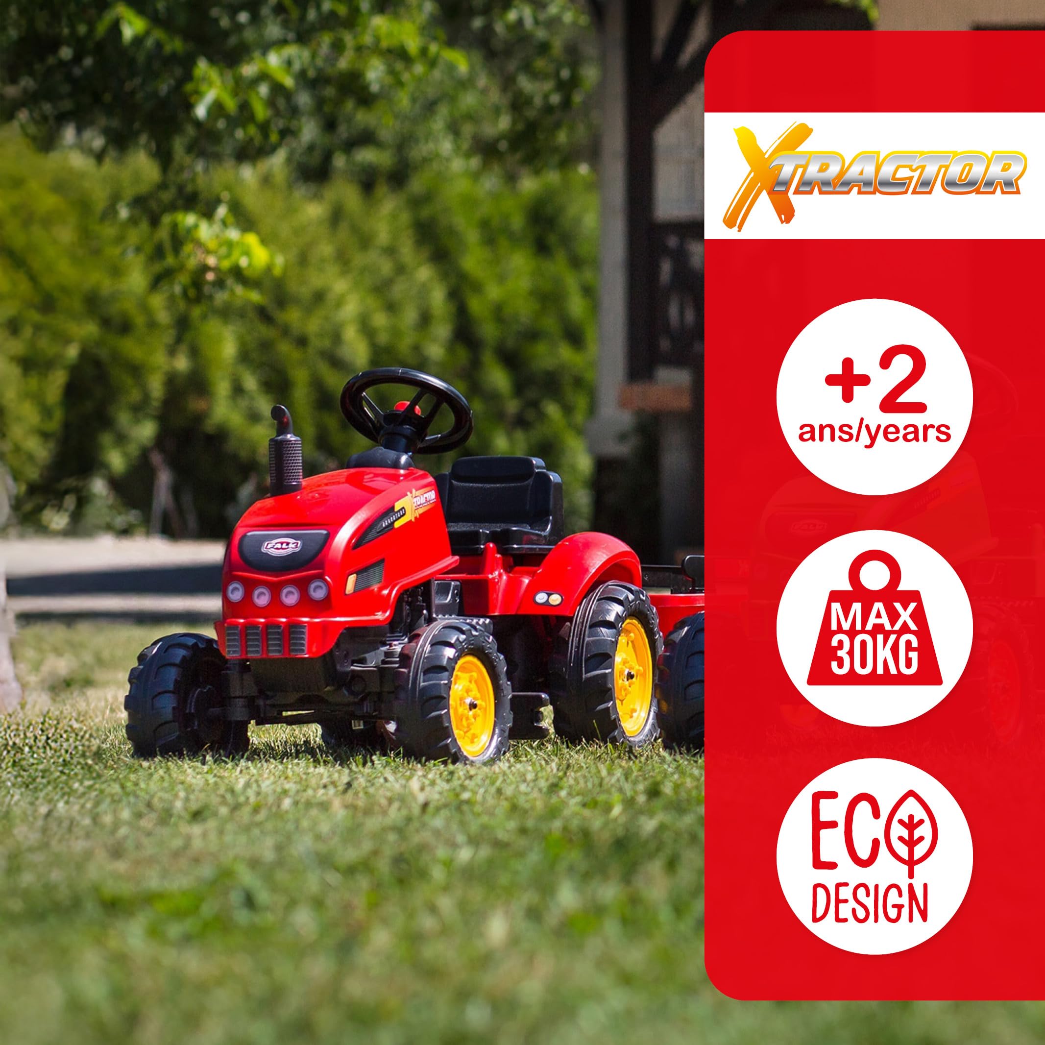 FALK - Traktor X Tractor - Czerwony - z otwieraną maską i przyczepą - Wyprodukowano we Francji - Od 2 lat - 2046AB