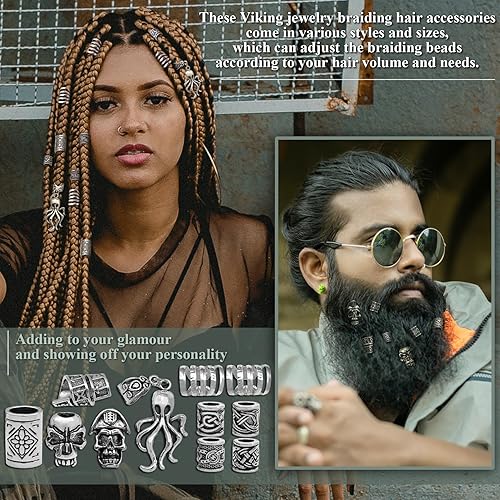 Miniatura 3 de 207Pcs Viking Hair Jewelry Nordic Runes Tube Beads,Accessories Kit for Braids Dreadlock Beard Locs,Metal Clips Cuff Rings,Braiding Beard Decoration