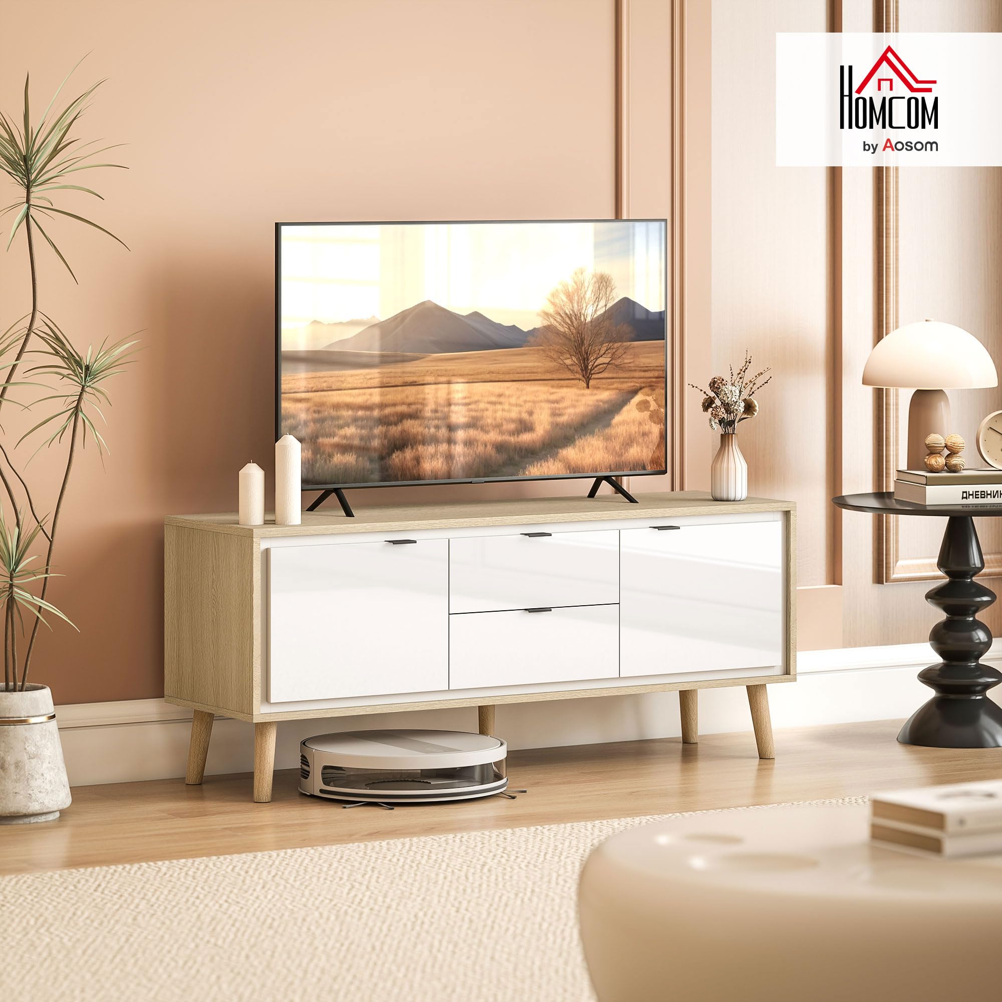 HOMCOM Mueble de TV Moderno de 2 Puertas 120x35x50 cm Blanco Brillo y Roble | Mesa TV para Salón con 2 Cajones, Orificios Pasacables, Estantes Extraíbles y Ajustables, para Televisión 55 Pulgadas