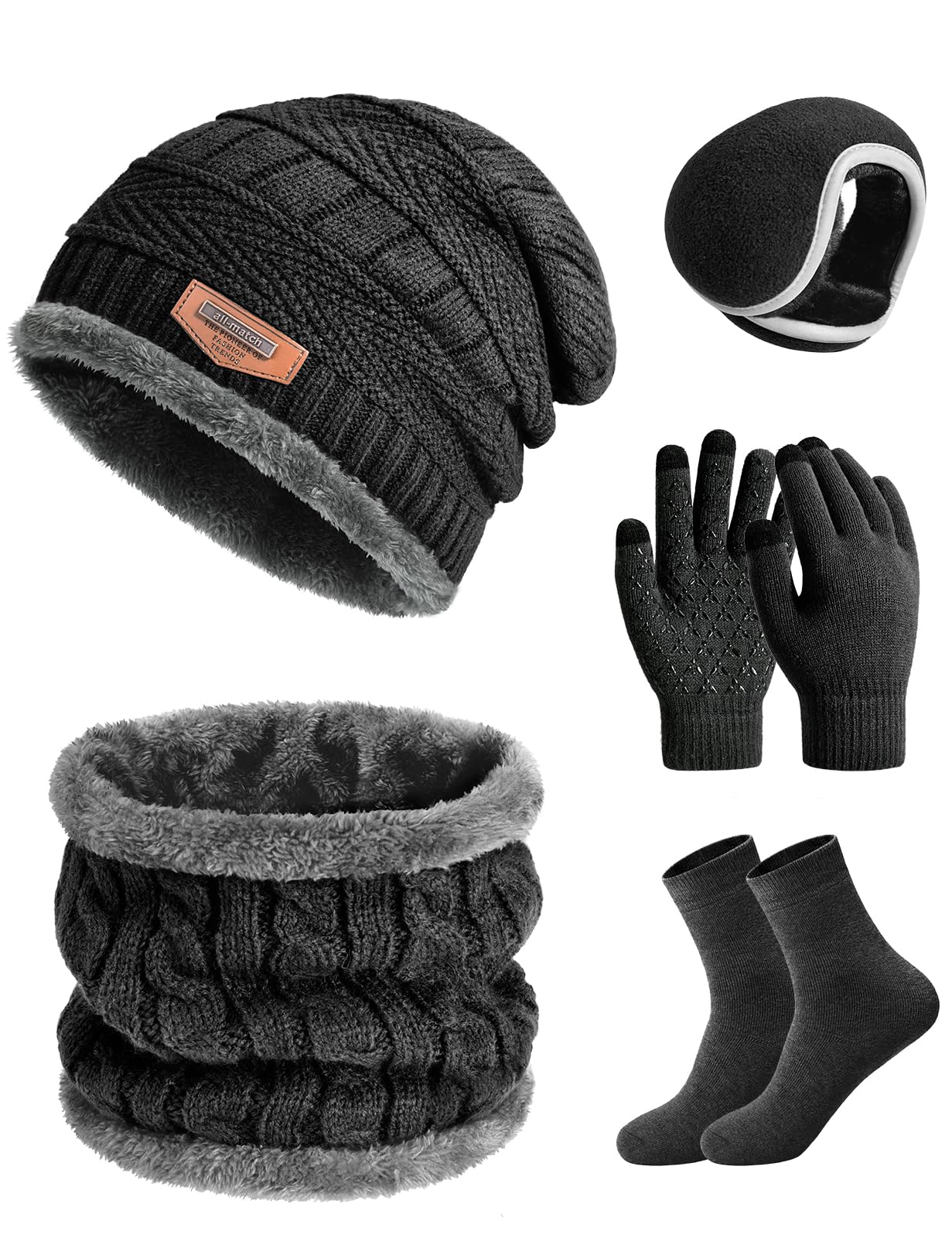 heekpek Set de Bufanda Gorro Guantes Orejeras y Calcetines Hombre de Punto Invierno Suave Térmico Conjunto de 5 Piezas para Hombre