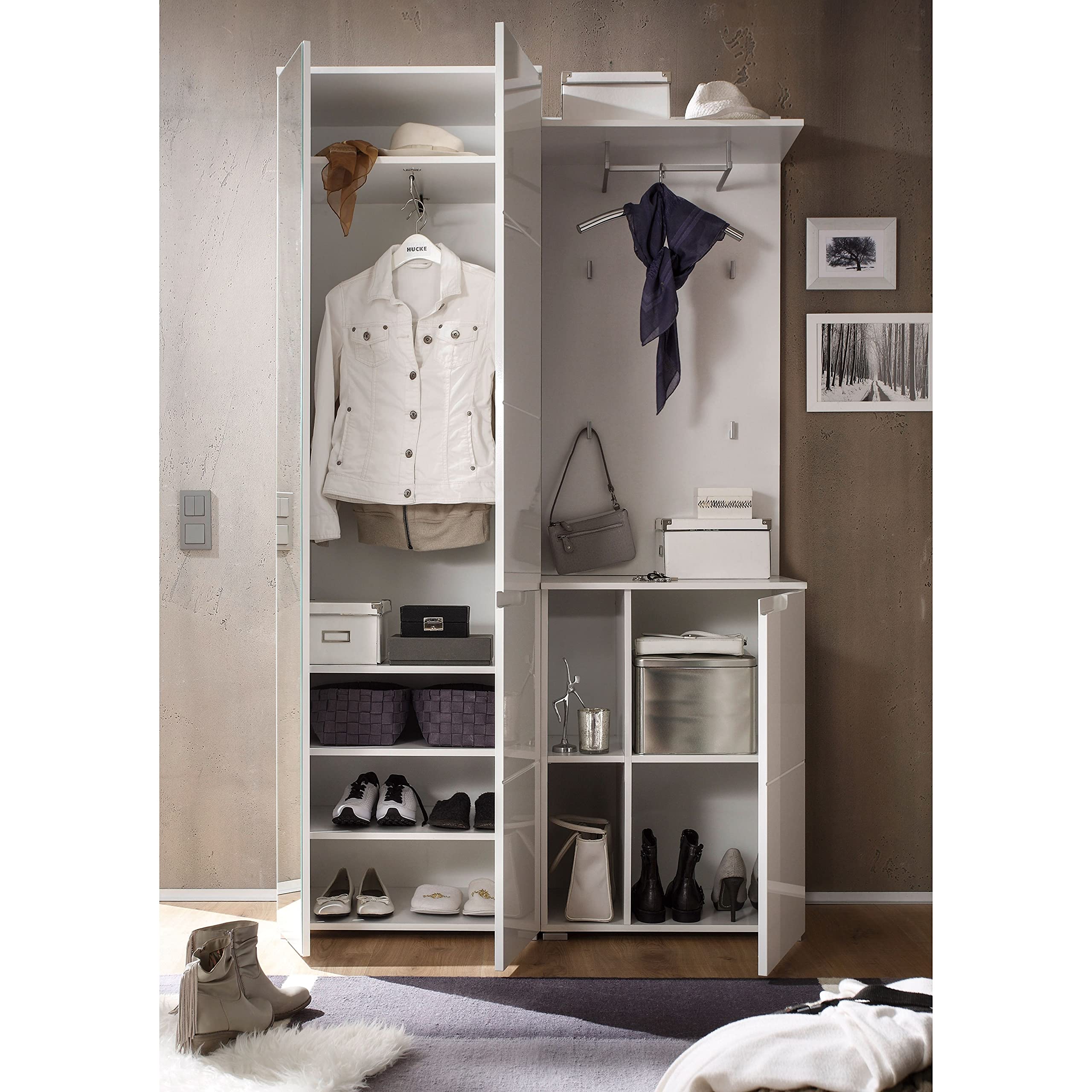 Stella Trading SPICE Flurgarderoben Set in Hochglanz Weiß - Stylishe Kompaktgarderobe mit Spiegel für Ihren Eingangsbereich - 120 x 198 x 40 cm (B/H/T)