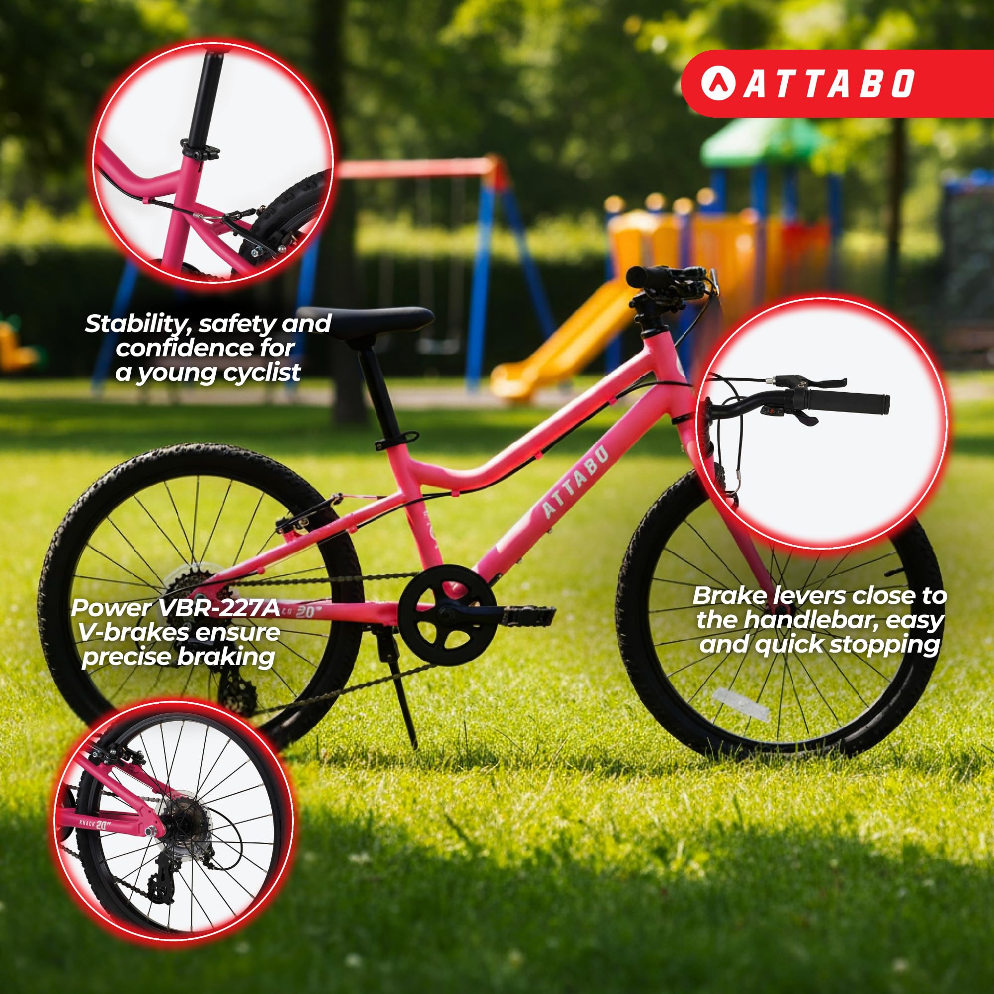 ATTABO Knack 20 – Kinderfahrrad (5–9 Jahre) mit leichtem Aluminiumrahmen, 20-Zoll-Rädern, Stahlgabel, für 110–135 cm Körpergröße, stabile Konstruktion, komfortabel und sicher bei jeder Fahrt
