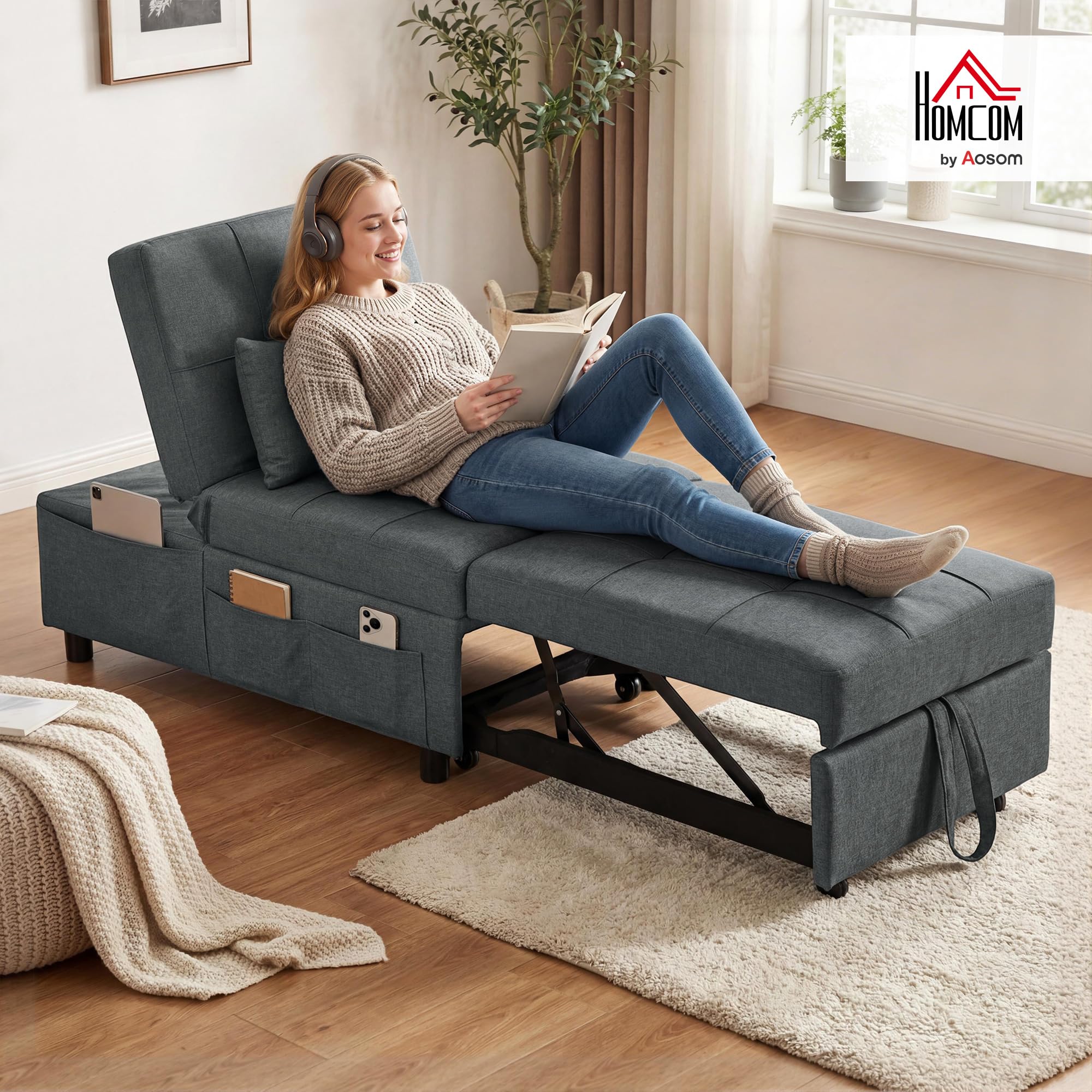 HOMCOM Poltrona Letto Singolo 3 in 1, Poltroncina Reclinabile a 3 Livelli con Rivestimento in Tessuto Effetto Lino e Cuscino, 65.5x104x81 cm, Grigio