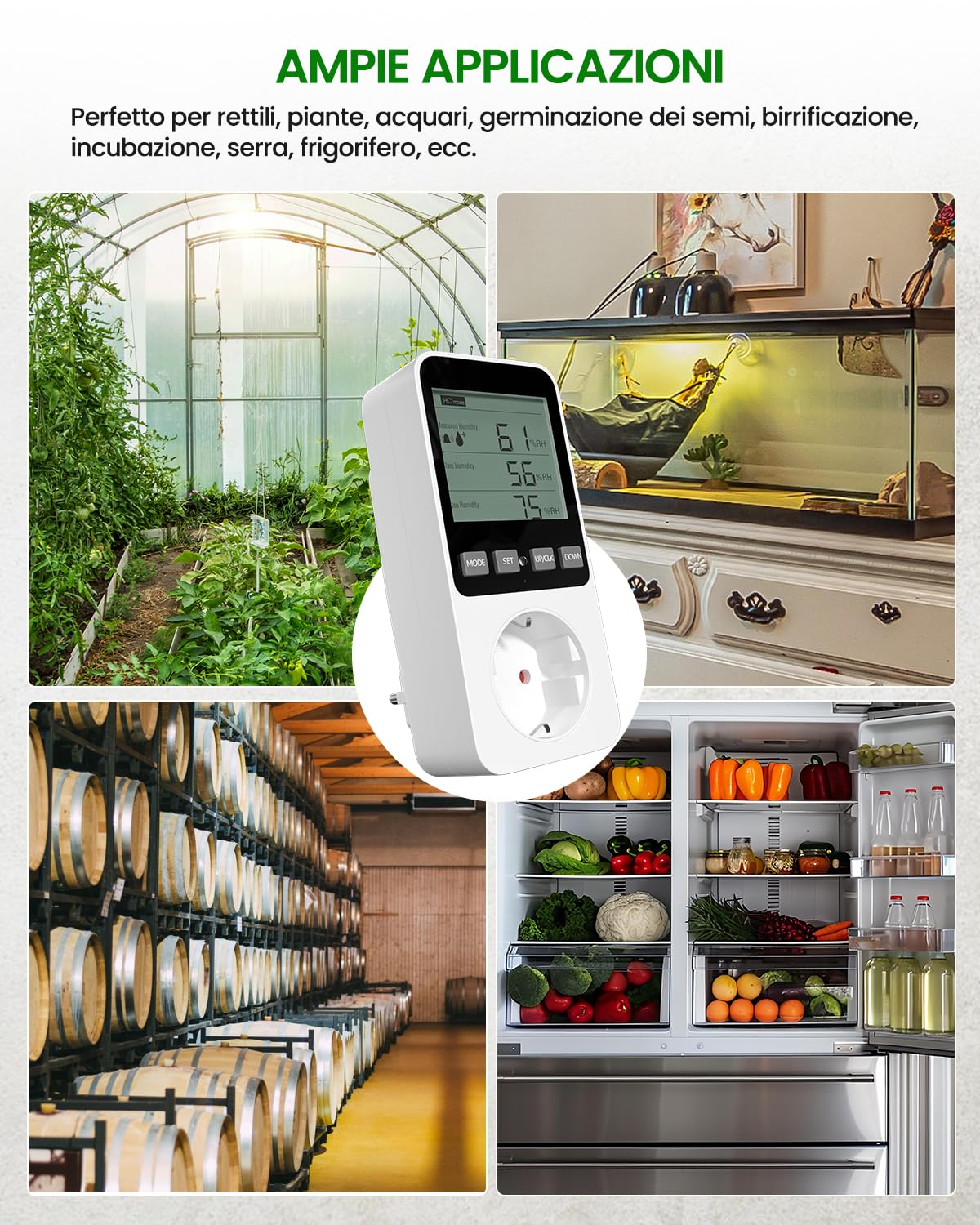 Regolatore di Umidità/Temperatura, Presa con Misuratore di Umidità 230V 16A con Sensore Termoregolatore Digitale con Allarme LCD Display per Rettili,Serra, Acquario, Fungo Riscaldante