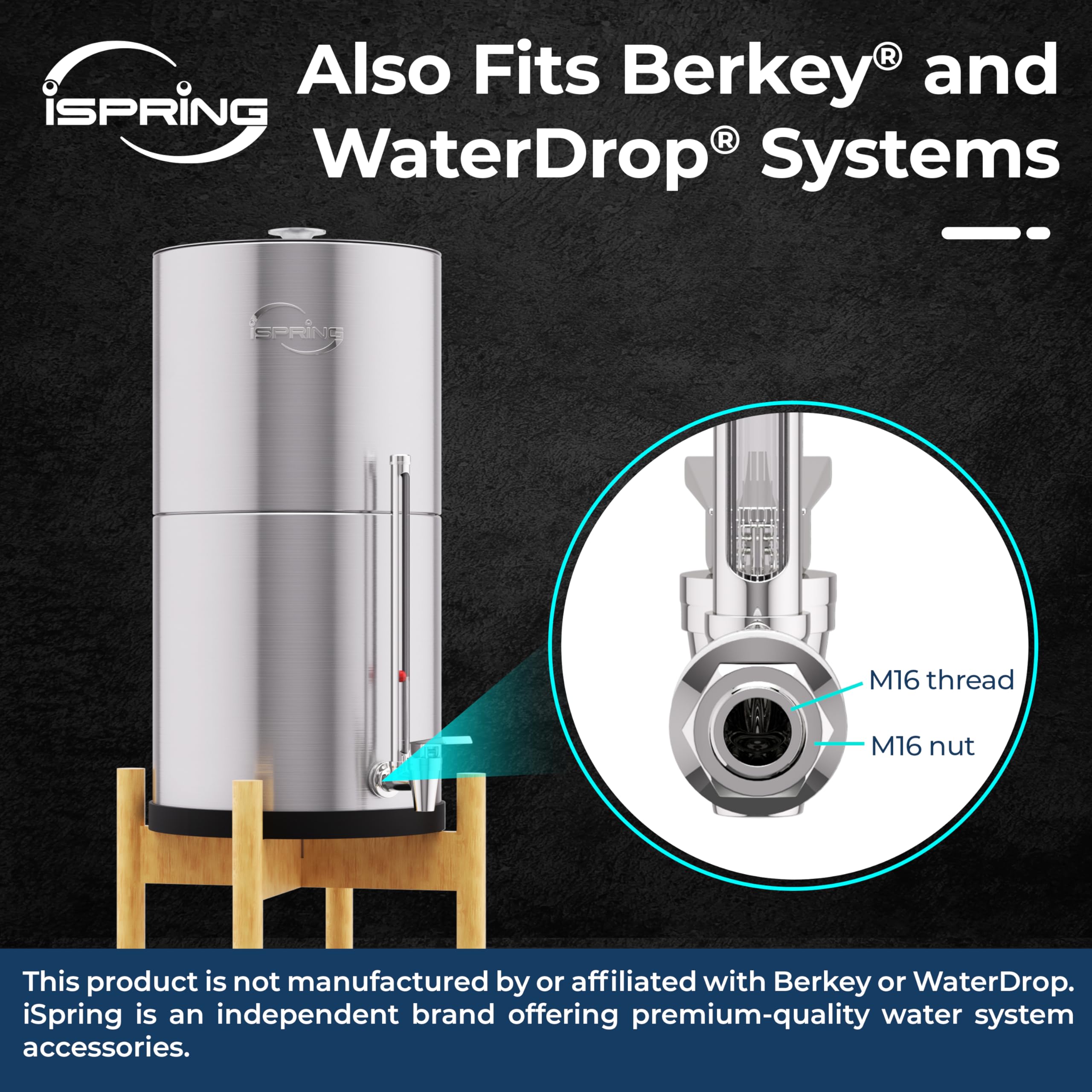 iSpring ATG1 kranik do szkła wziernikowego z wyraźnym widokiem poziomu wody, kompatybilny z Berkey® i Waterdrop®, materiał ze stali nierdzewnej dopuszczony do kontaktu z żywnością
