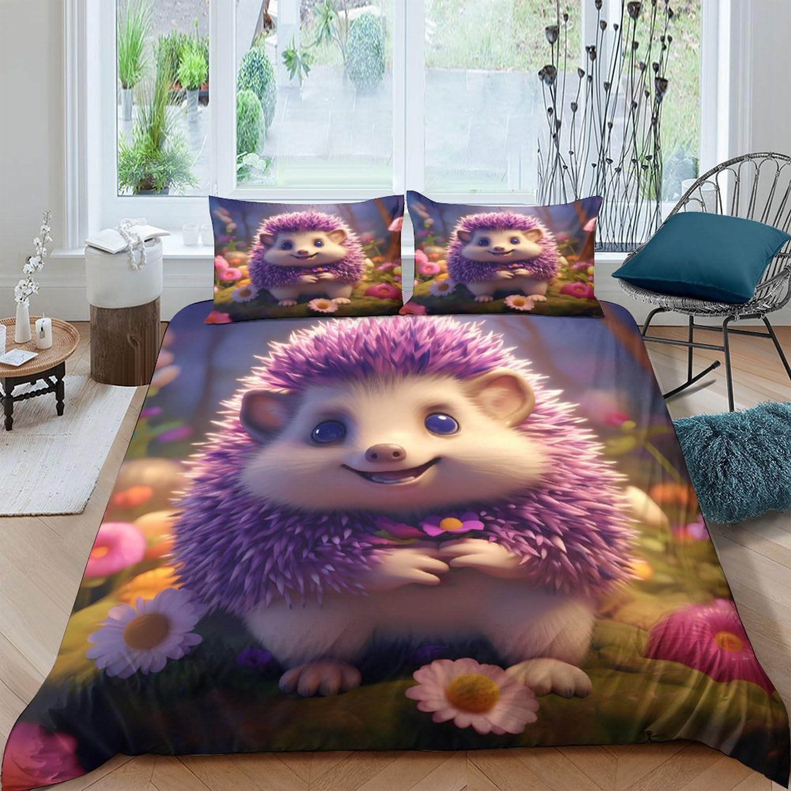 Ctjqhvkz Style-2 3D Printed Purple Hedgehog Fitted Sheet Microfiber Cute Cartoon Flower Meadow Bed Cover For Bedroom Dorm Mattress Protection Decor Single（135X200cm）