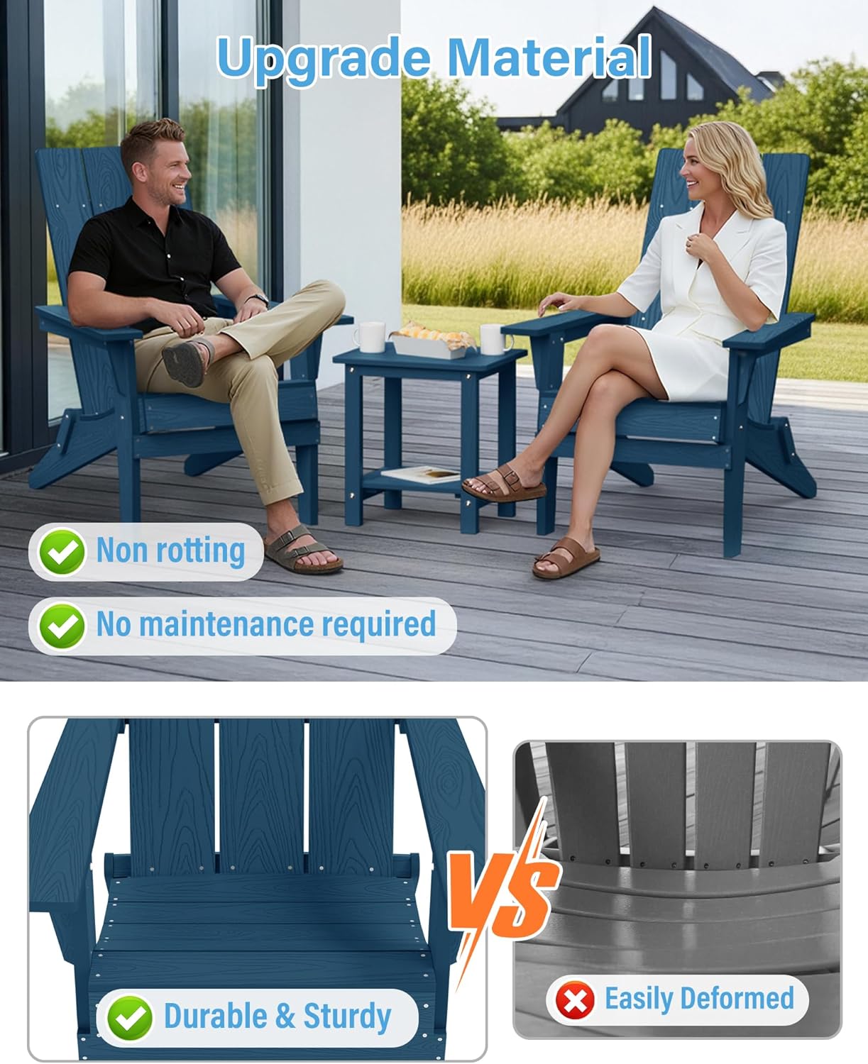 YEFU Adirondack Chairs Set of 2:Oversize Folding - 400lb Weight Capacity - Plastic Adirondack Chairs - High Back Like Wooden - All-Weather Use for Outdoor/Patio/Fire Pit/Garden/Camping - (Navy)