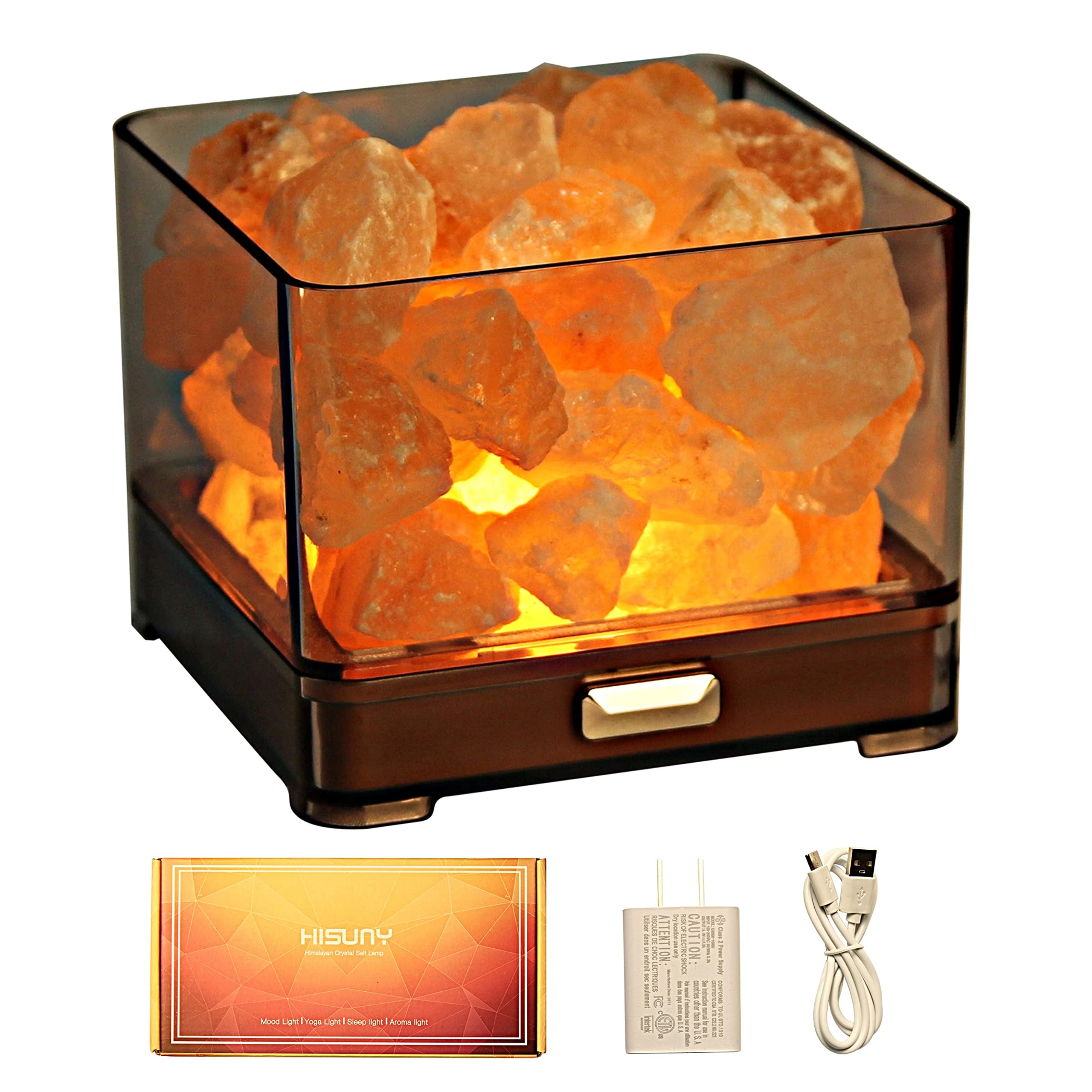 HISUNY Natural Himalayan Salt Lamp, 0.75 kg Salt Lamp, LED Bedside Lamps, Bedroom, Office, Outdoor, Camping, Yoga Lamp, Includes Charging Cable, Square