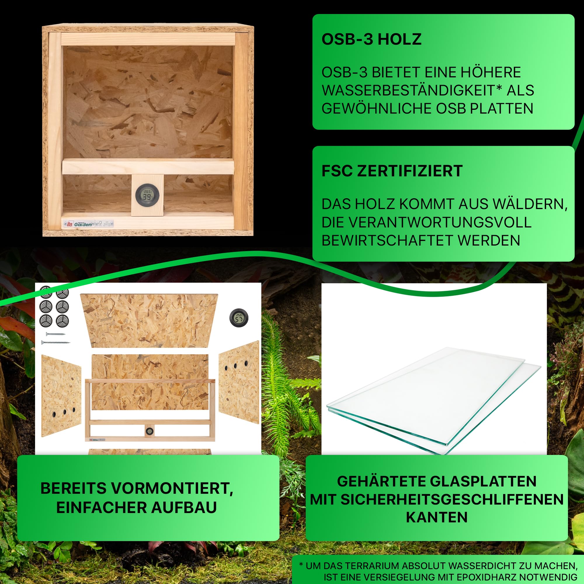 ITA Mini Terrarium 40x40x40 cm mit Seitenbelüftung & Integriertem Hygrometer - Holzterrarium aus OSB-3 Platten - Terrarien für Reptilien, Schlangen, Amphibien - EU Produkt, FSC Zertifiziert