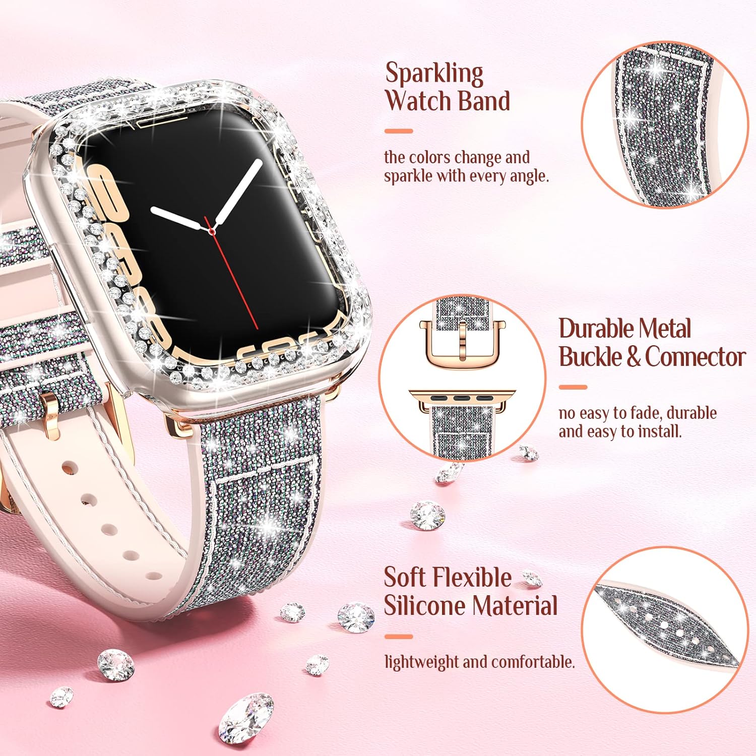 Goton Bling Silicone Band Case Compatible for Apple Watch 41mm with Edge Protector Cover[No Glass], Strap Color Changes with Angle for iWatch Series 9/8/7 41 mm - Image 4