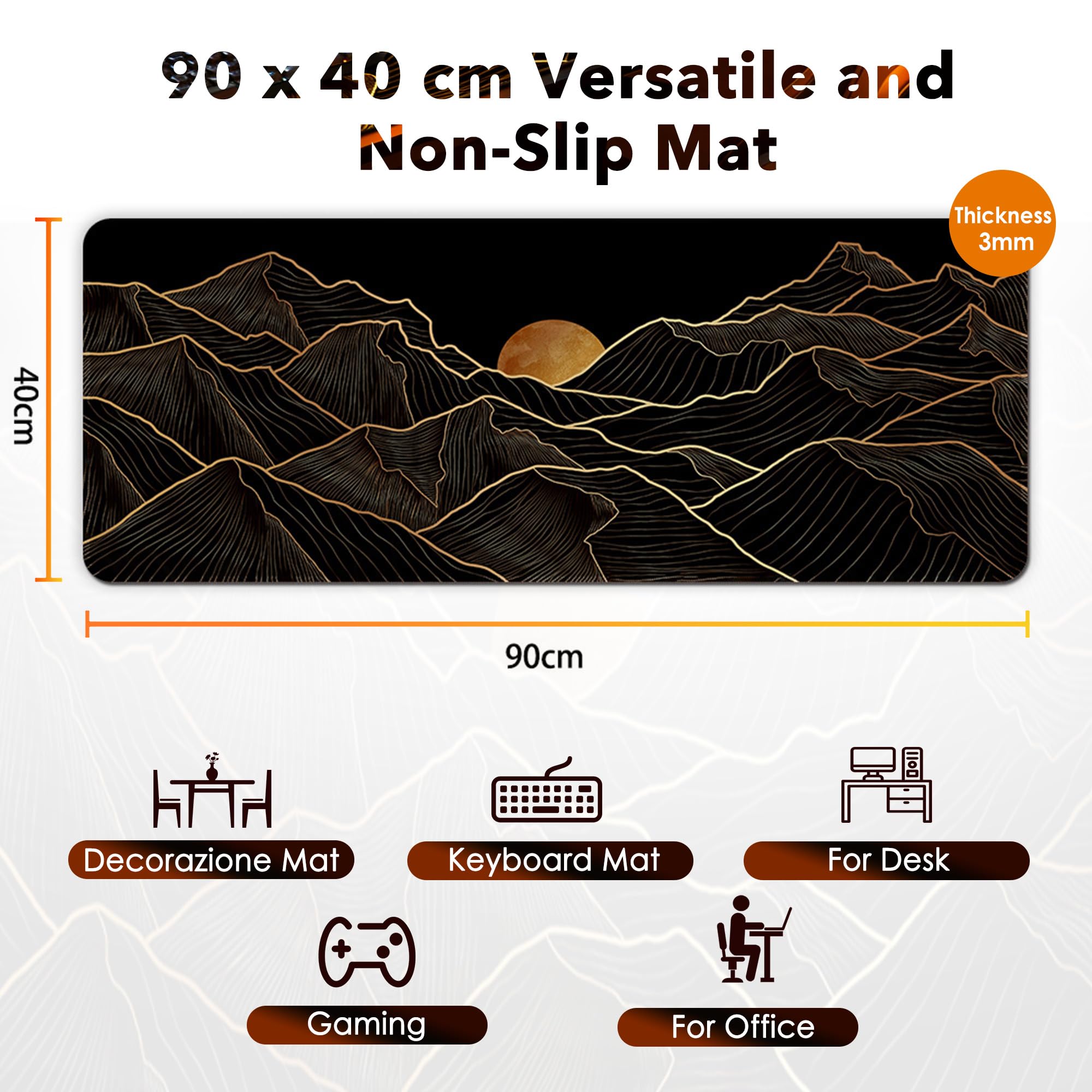 Alfombrilla de Ratón XXL 90x40cm con Diseño Montañas Doradas al Amanecer Base de Goma Antideslizante Bordes Cosidos Mejora la Precisión y Velocidad Ideal para Gaming Oficina y Estudio