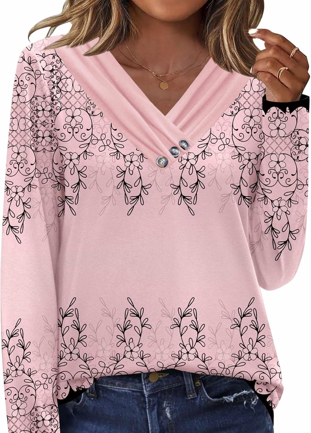 HOTOUCH Womens Fall Tunics Long Sleeve Tops Cross V Neck Shirts Loose Casual Blouses with Decor Button