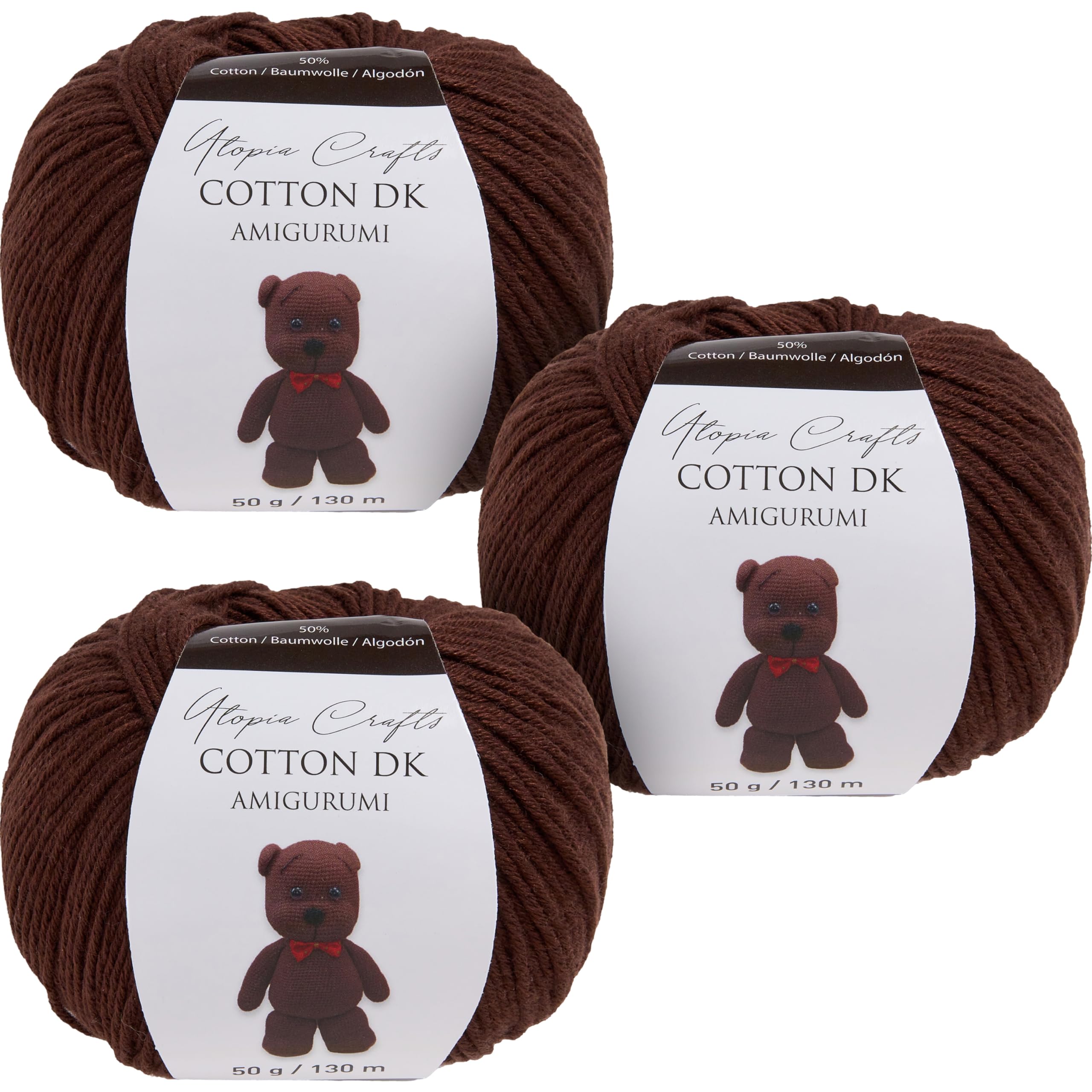 Utopia Crafts Amigurumi Cotton DK Yarn for Crochet and Knitting 50% Cotton, 50% Acrylic Blended, 3X 50g (Brown)