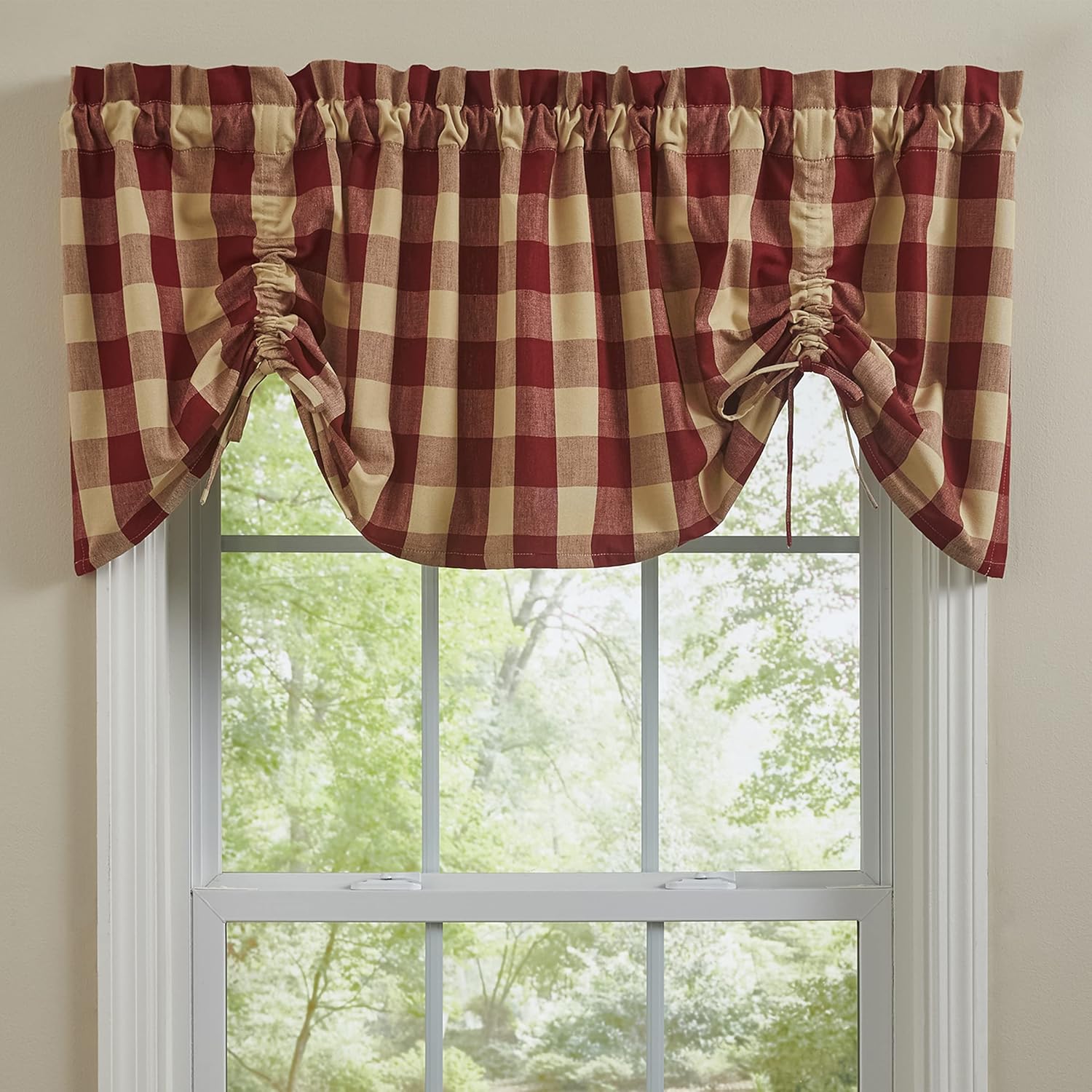 Park Designs Buffalo Check Lined Valance - Garnet Red | 60" x 20" | Farmhouse Kitchen Curtain | Country Window Valance | Buffalo Plaid Rod Pocket Panel