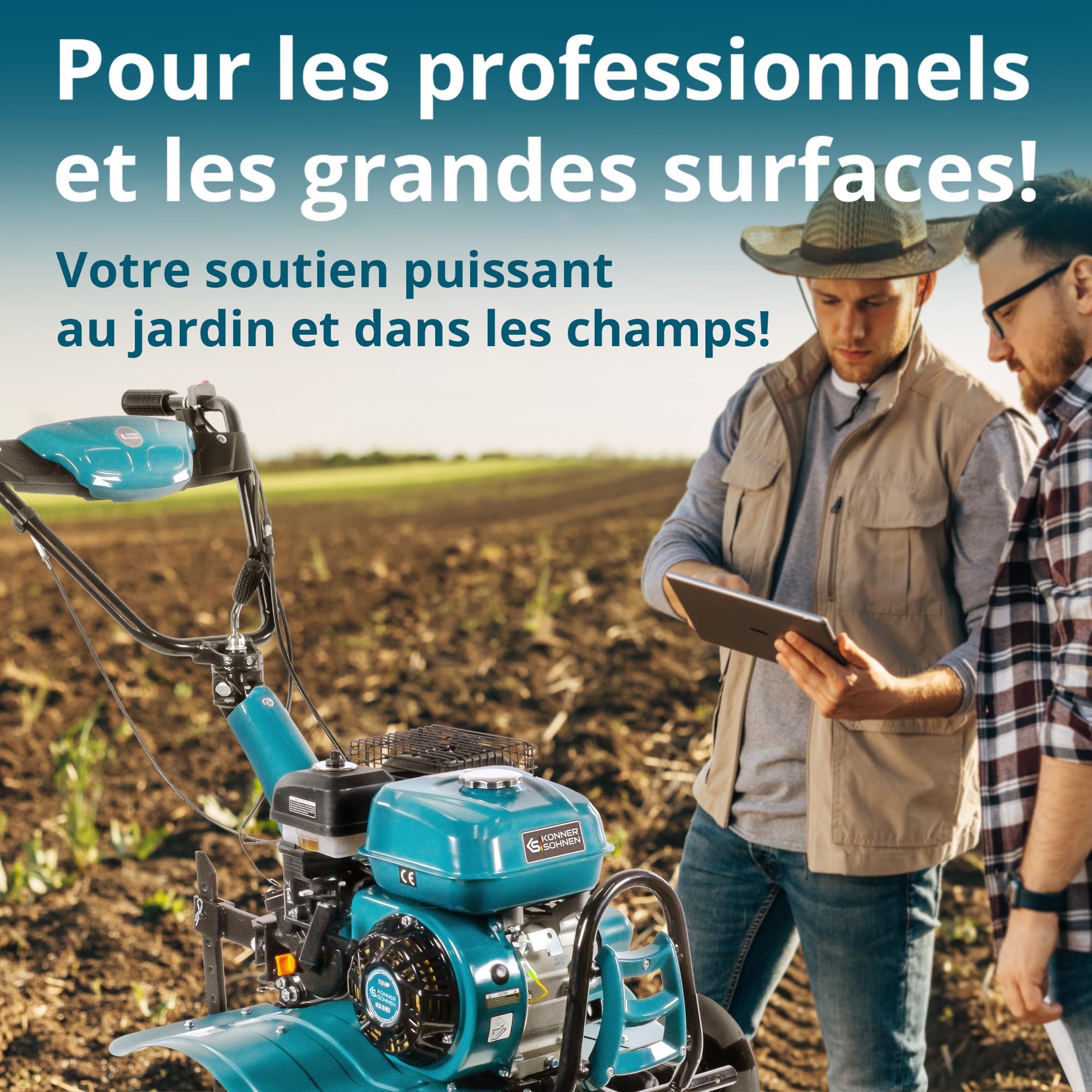 Könner & Söhnen KS 7HP-950S, Motoculteur à essence, motobineuse, entraînement par chaîne, 2 vitesses avant, marche arrière, largeur de travail 108 cm, profondeur 31 cm, puissance du Cultivateur 7,0 ch