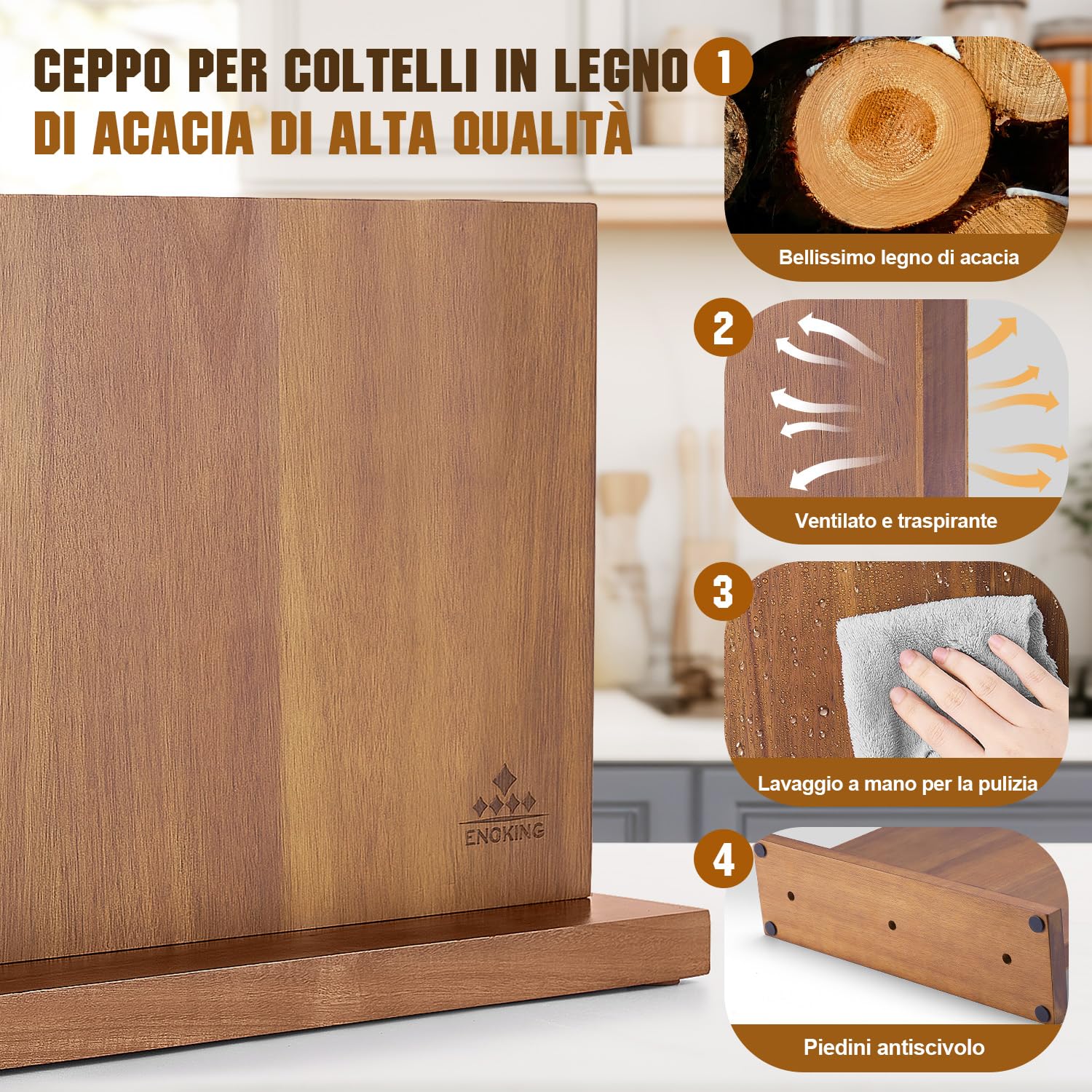 ENOKING Grand Porta Coltelli Cucina 38,6 x 23 cm, Portacoltelli da Cucina Doppio Lato Magnetico, Ceppo Coltelli da Cucina Vuoto, Ceppo Portacoltelli Premium Magnetico Senza Coltelli - Acacia