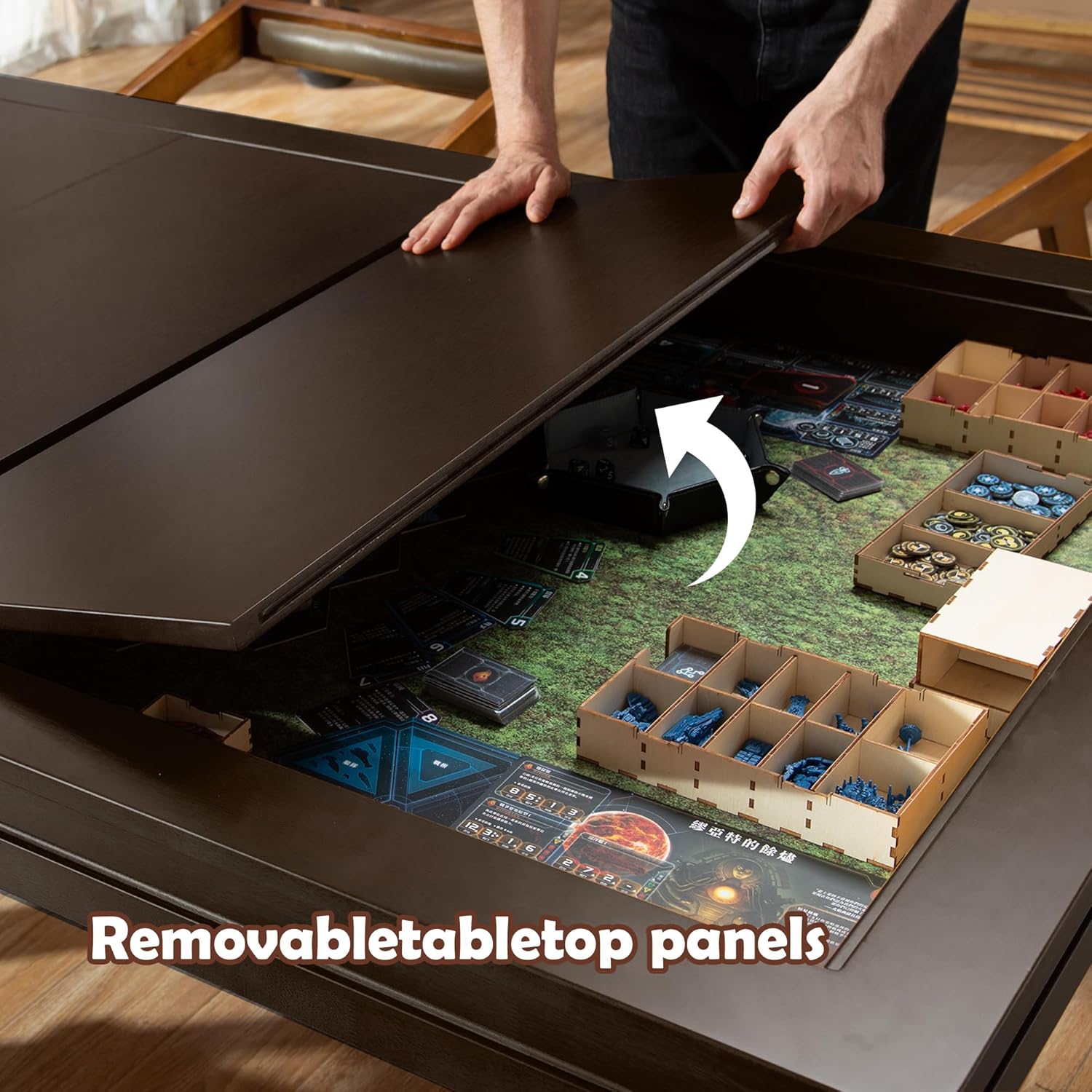 Solid Wood Board Game Table with Removable Table Top for 4–6 Players,Gaming Table and Dining Includes Play Mat and Detachable Cup Holders with 55" x 31" Play Area (Black Walnut)