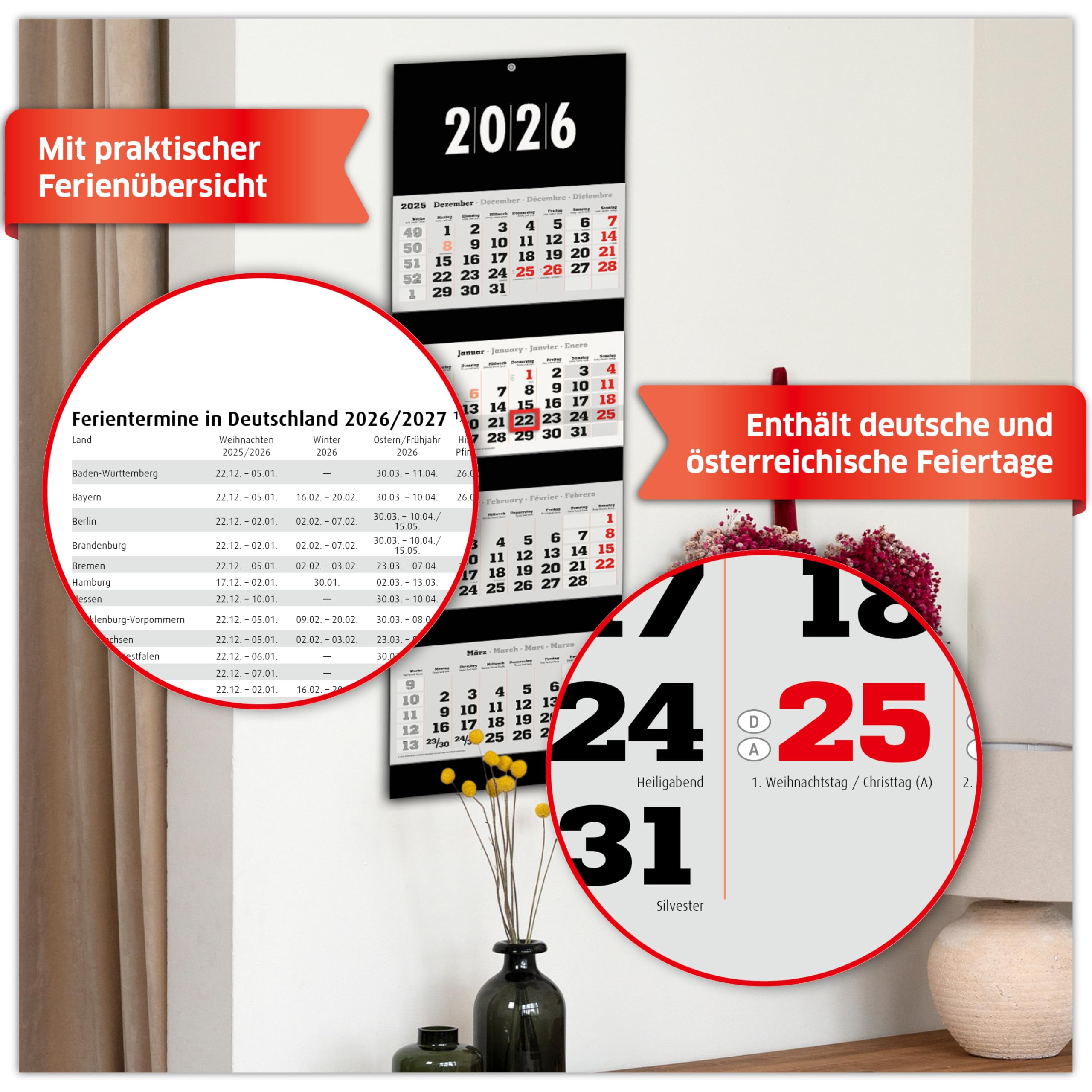 PRIMUS PRINT Calendario XXL 2026 – Calendario de pared – Calendario de pared de 4 meses – con fecha deslizante, calendario para colgar, incluye días festivos y vacaciones, varios diseños – [1 x negro]