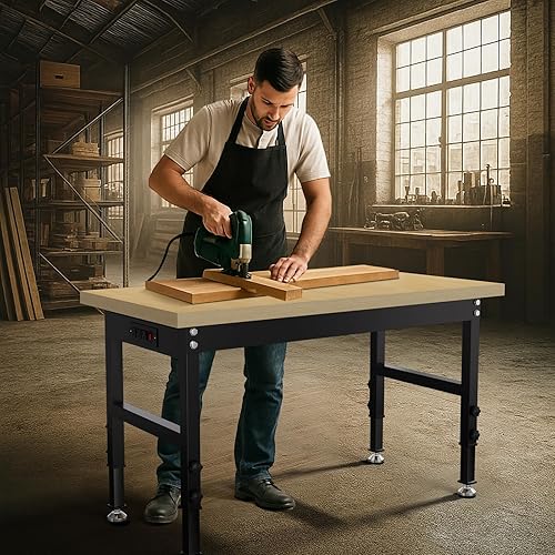Miniatura 2 de Mesa de trabajo de madera de 48 pulgadas, banco de trabajo ajustable resistente con tomas de corriente, banco de herramientas de capacidad de 3000