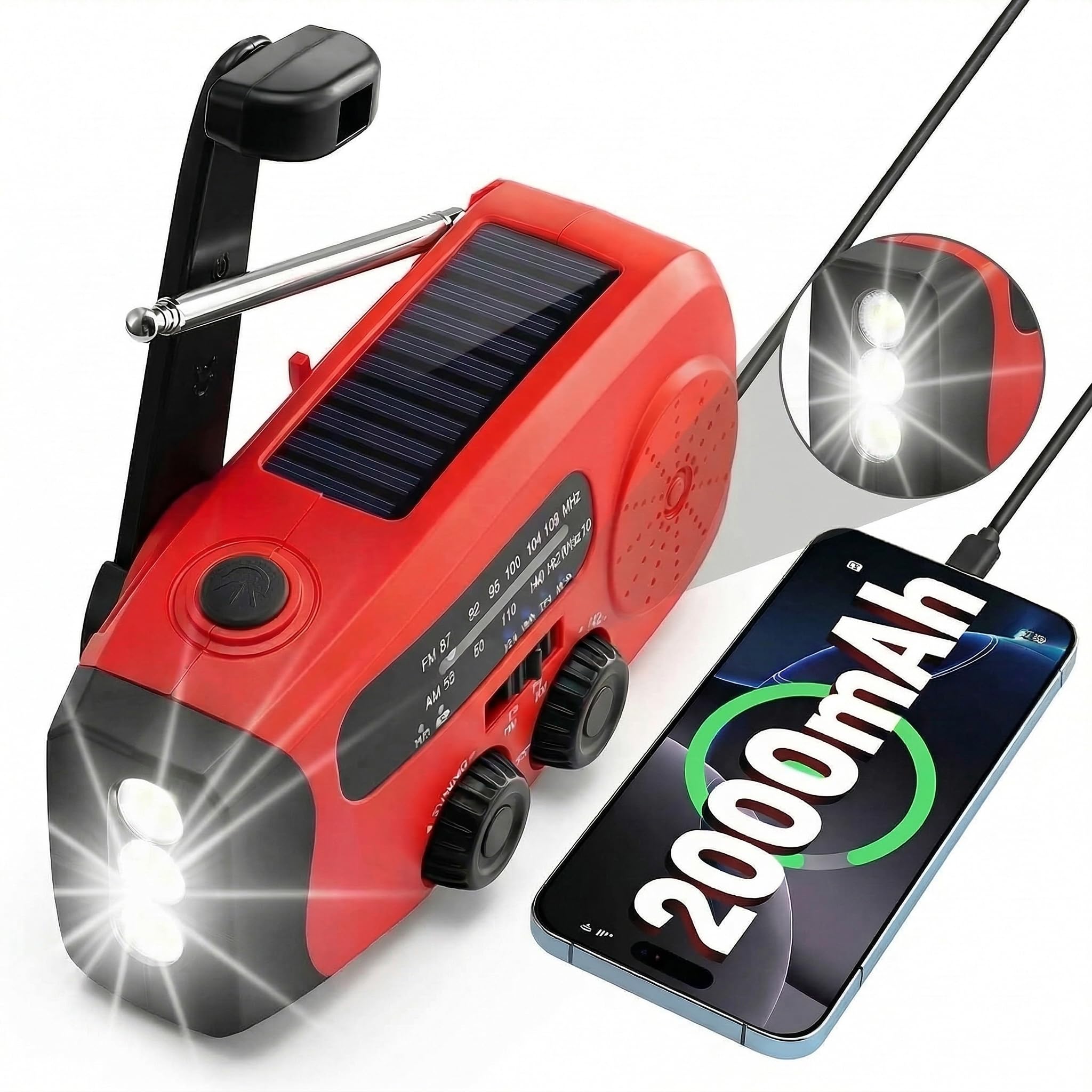 Emergency Radio Solar Kurbelradio con 3LED Linterna, 2000mAh Powerbank y SOS-Alarm – Radio Portátil para Kit de Emergencia Familiar, Camping, Aire Libre, Huracán, Terremotos