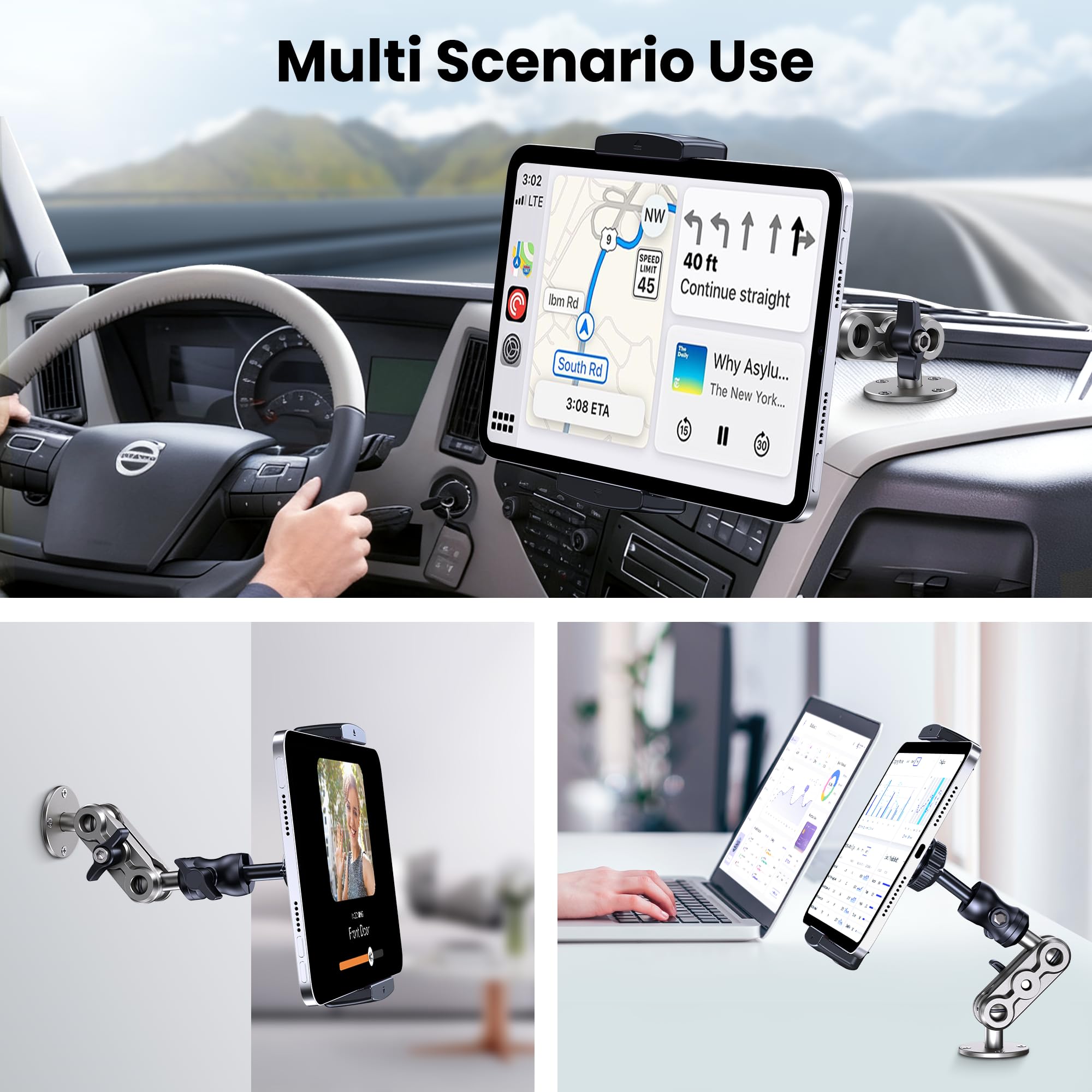 Uchwyt na tablet samochodowy, wytrzymały uchwyt na tablet do samochodów, regulowany 360° stojak samochodowy na tablet na ścianę lub ciężarówkę, odpowiedni do iPada Pro/Air/Mini/Galaxy Tab