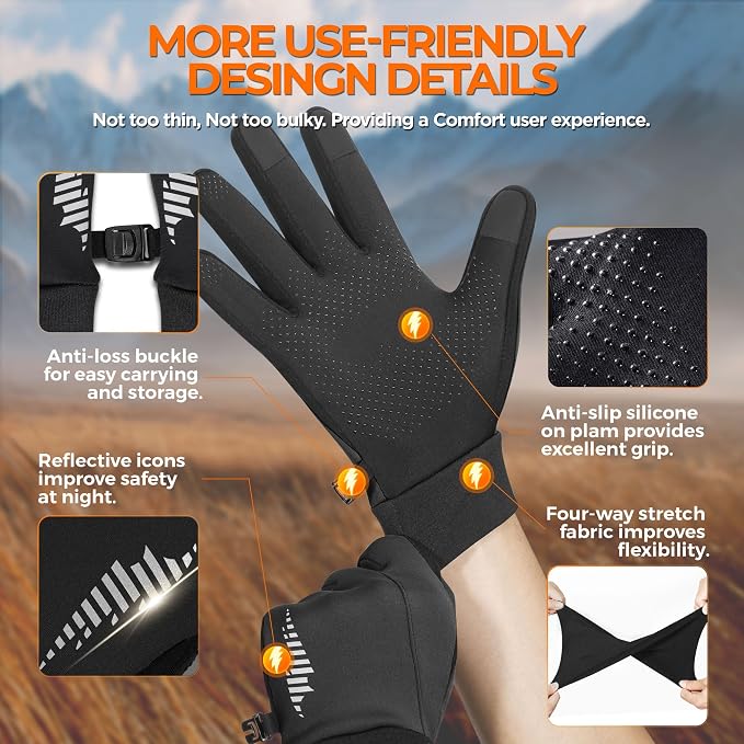 Guantes de Invierno Para Hombre y Mujer Tacto Pantalla Negro miniatura 5