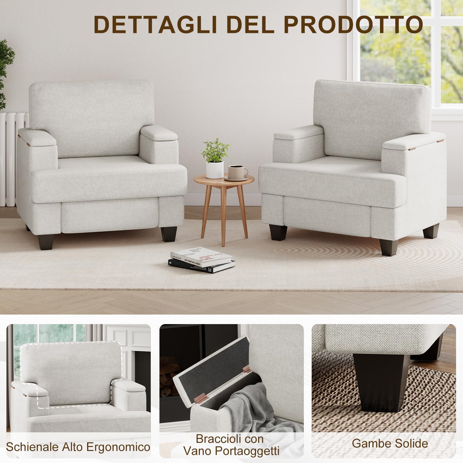 Extra-Grand Poltrona Salotto Contenitore, Divano Singolo Poltrone Camera da Letto con Braccioli con Contenitore, Poltrona Imbottita Relax per Salotto Soggiorno Camera da Letto, Bianco