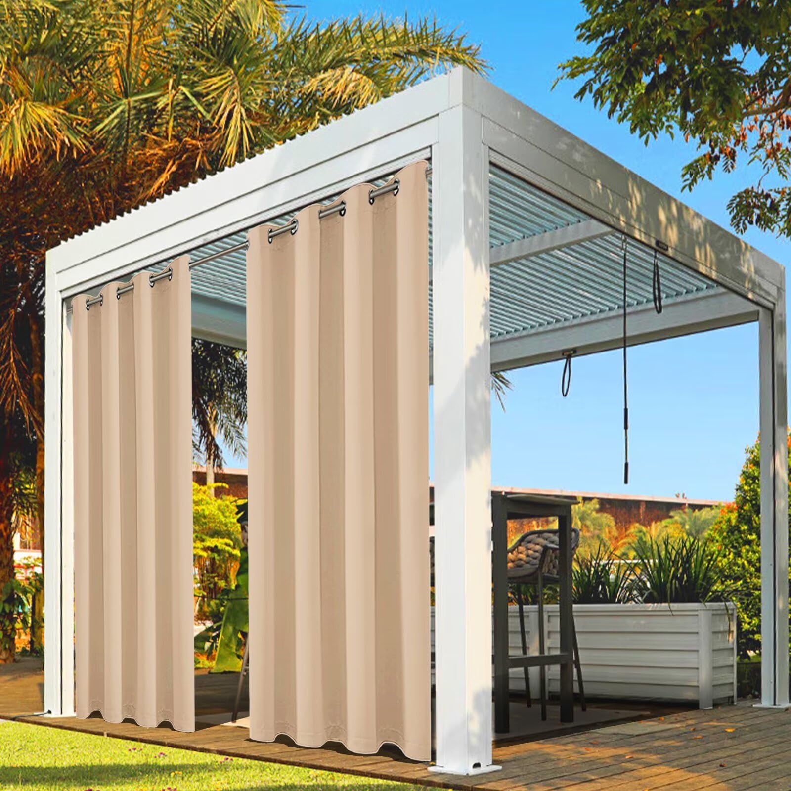 Rideaux Extérieur Terrasse Protection Anti-UV Opaque Elégant Isolants Thermiques Rideau Résistant à La Décoloration pour Jardin Balcon Cour Plage Terrasse Patio 335L X 215H cm (1 Panneaux) Beige