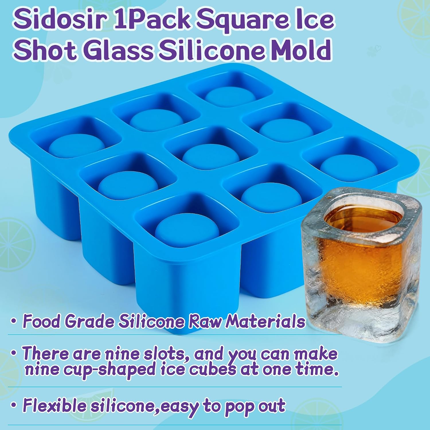 Sidosir 1Pack Square Ice Shot Glass Silicone Mold, 9-Cavity Shot Glass Ice Molds for Freezer, Whiskey, Cocktail, Square Ice Cube Cup Molds for Jagermeister, Gifts
