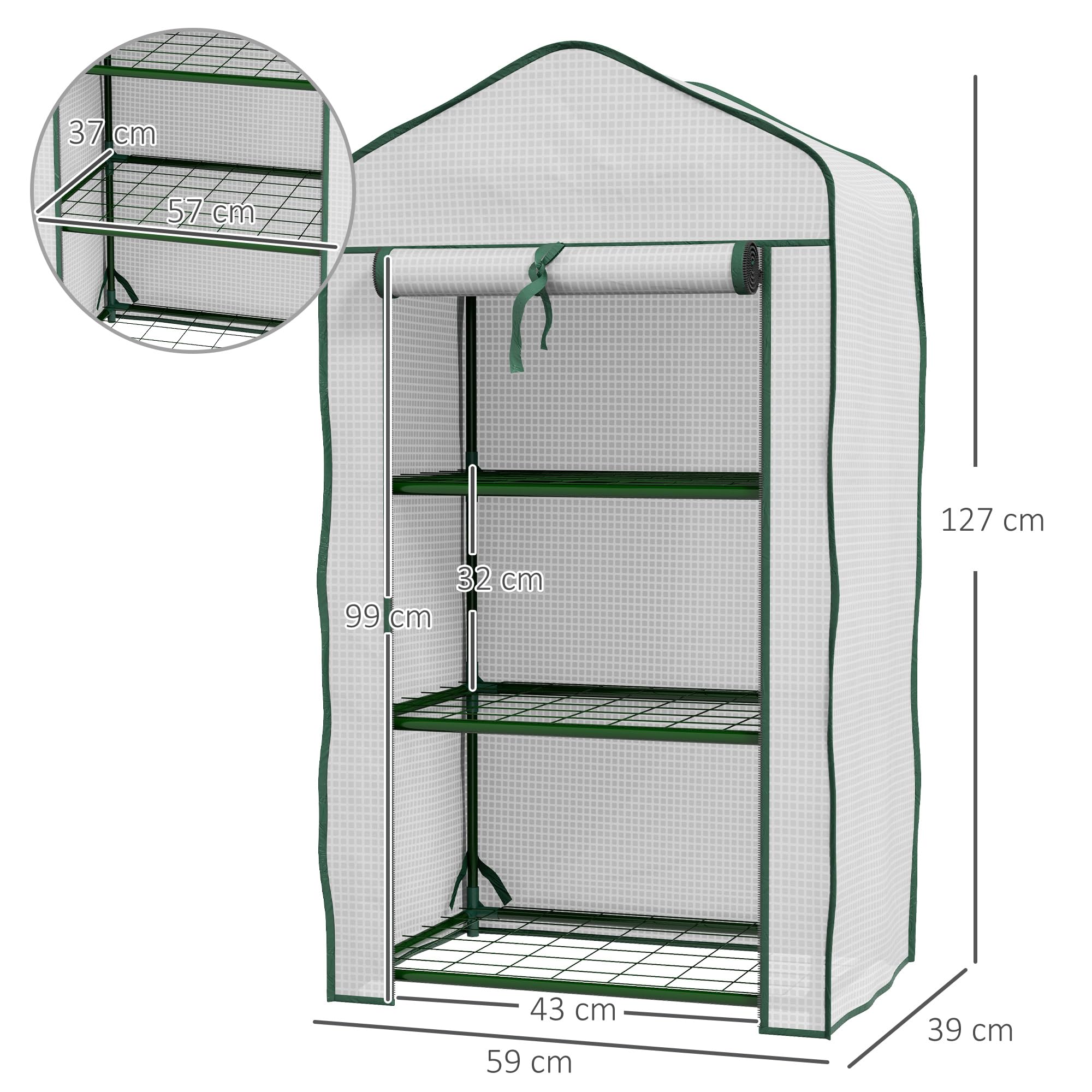 Outsunny Serre de Jardin avec étagères 3 Niveaux, Serre de Balcon, bâche renforcée PE, châssis en Acier, Porte zippée Enroulable, pour légumes Plantes Fleurs, 59 x 39 x 127 cm, Blanc