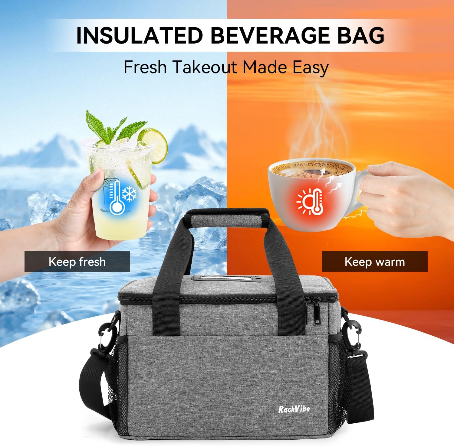 6 Cups Drink Carrier for Delivery, Insulated Drink Carrier, Reusable Cup Holder with Handle, Adjustable Dividers, Shoulder Strap, Portable Cooler Tote Bag for Delivery, Outdoors, Travel, Car (Grey) - Image 5