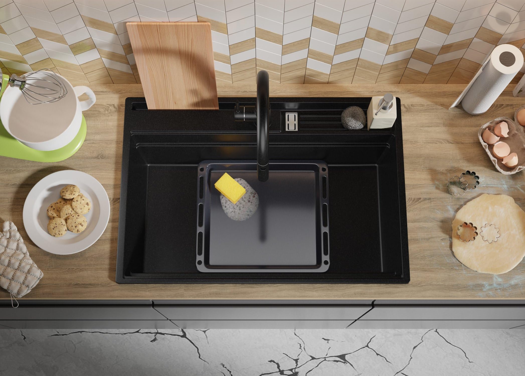 PRIMAGRAN Lavello da Cucina Nero 78x53cm, Lavandino in Granito a 1 vasca + Sifone Classico, Lavabo da Cucina Incasso al Mobile 80cm - Oslo Pocket S335